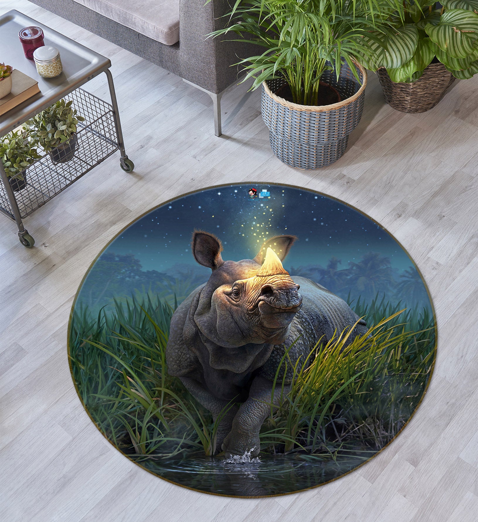 3D Rhinoceros Unicornis 85144 Jerry LoFaro Rug Round Non Slip Rug Mat