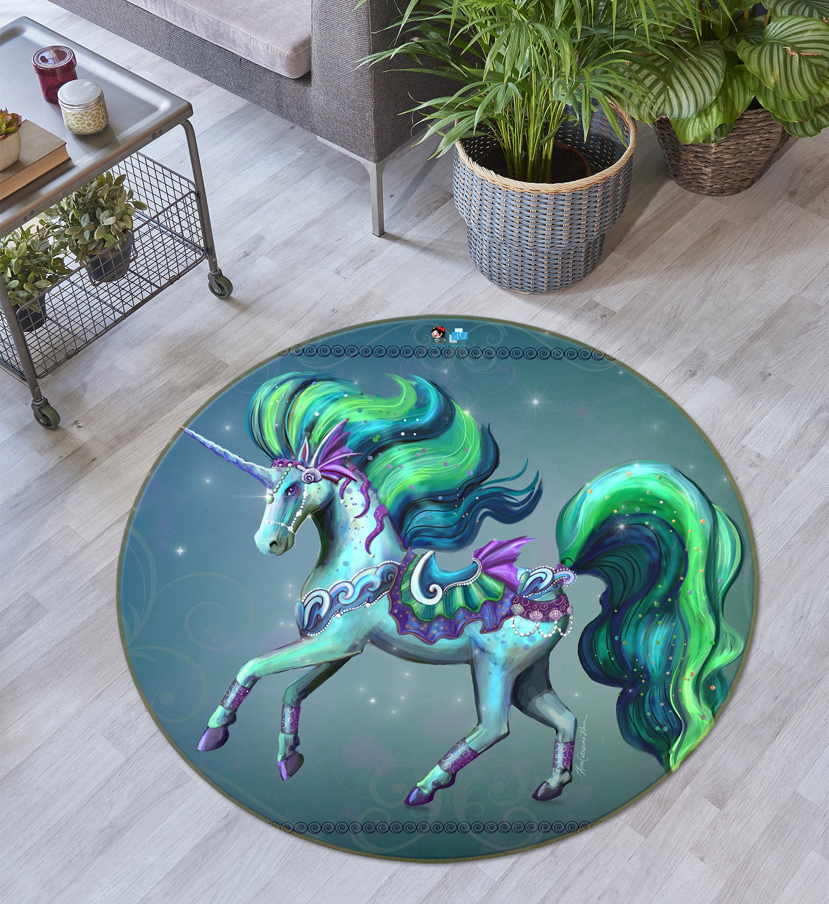 3D Green Unicorn 83168 Rose Catherine Khan Rug Round Non Slip Rug Mat