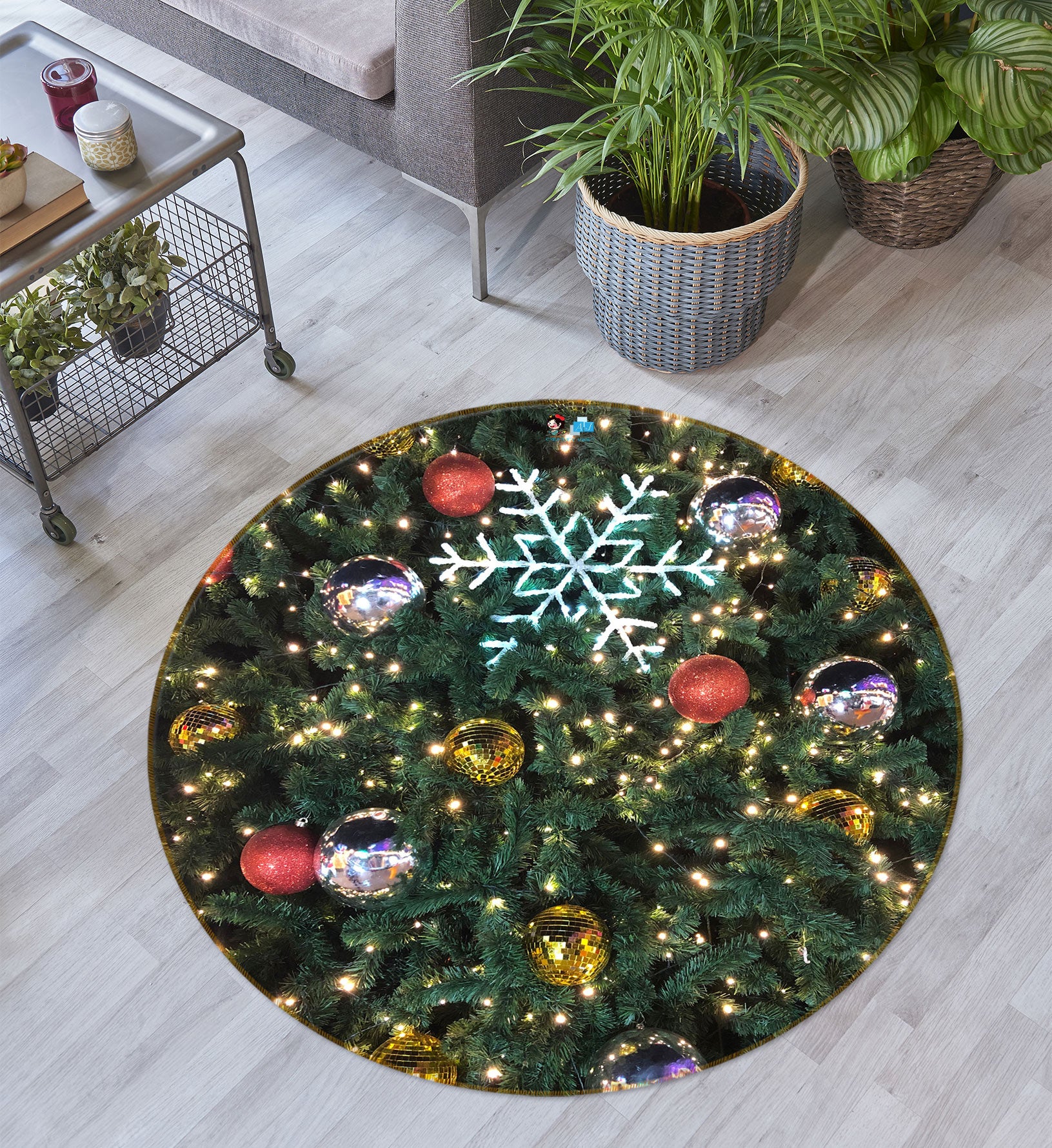 3D Tree Ball Snowflake Pendant 54079 Christmas Round Non Slip Rug Mat Xmas