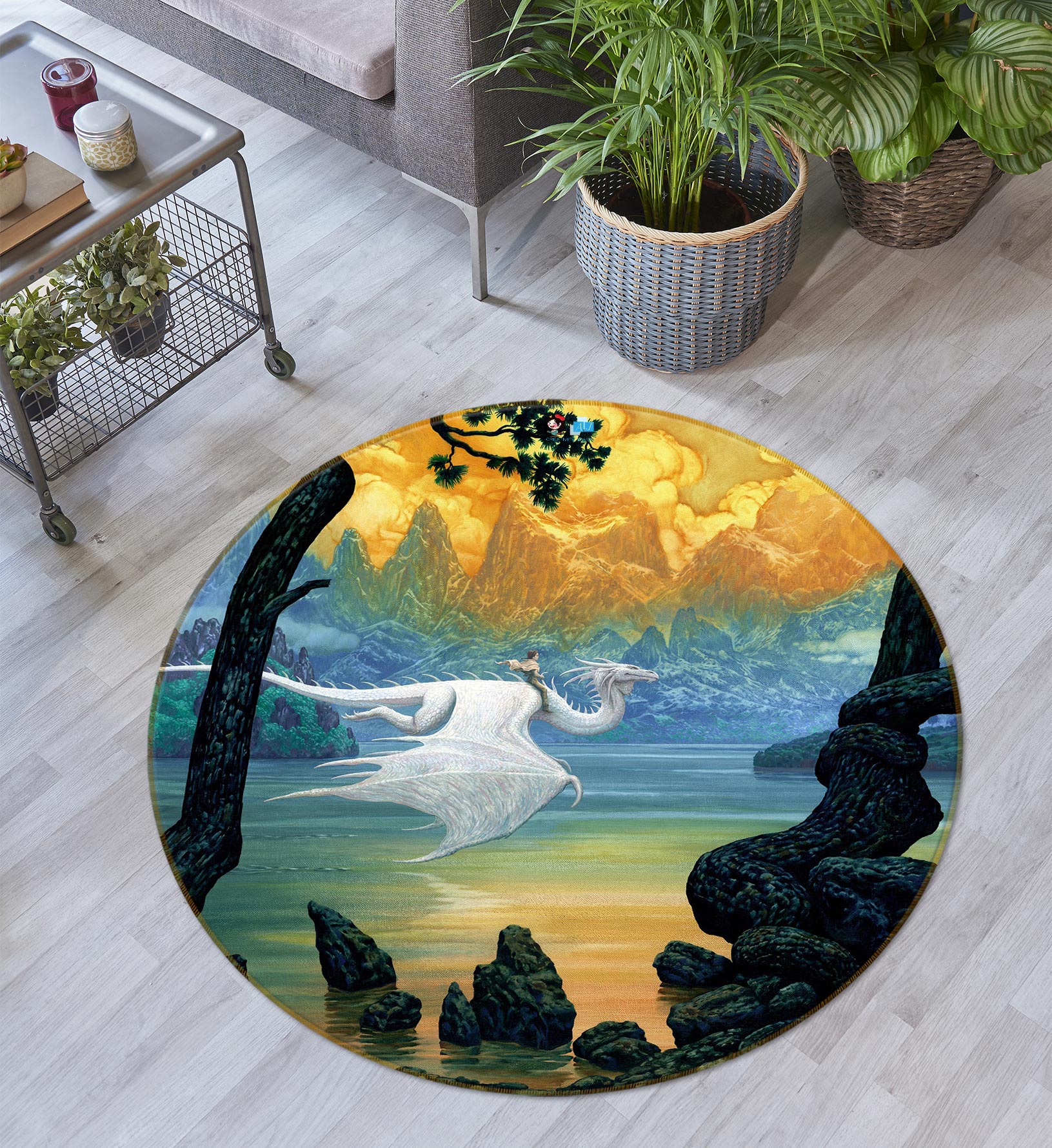 3D River Mountain Dragon 6119 Ciruelo Rug Round Non Slip Rug Mat