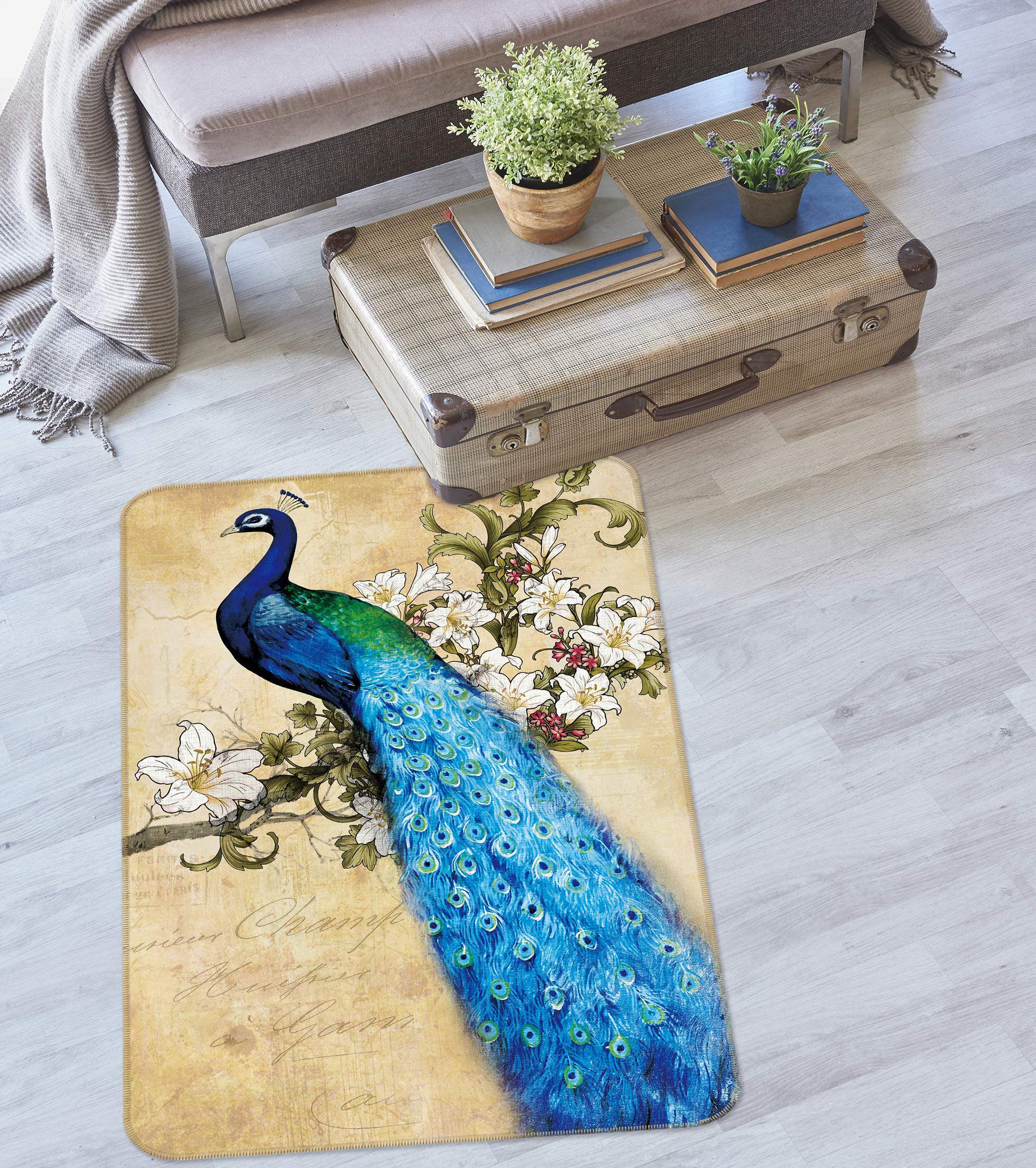 3D Blue Peacock 27027 Non Slip Rug Mat