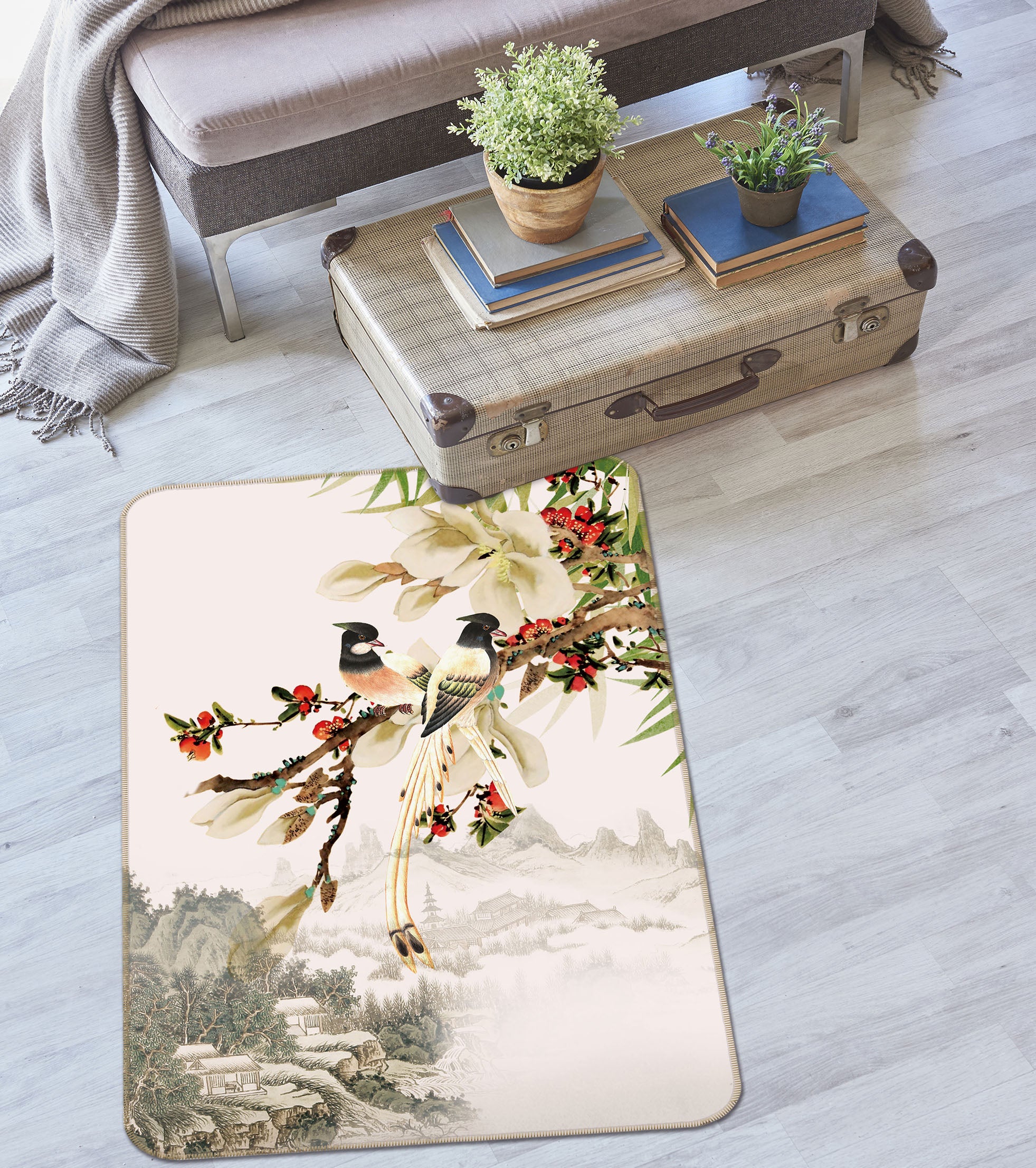 3D Flower Branch Bird 27158 Non Slip Rug Mat