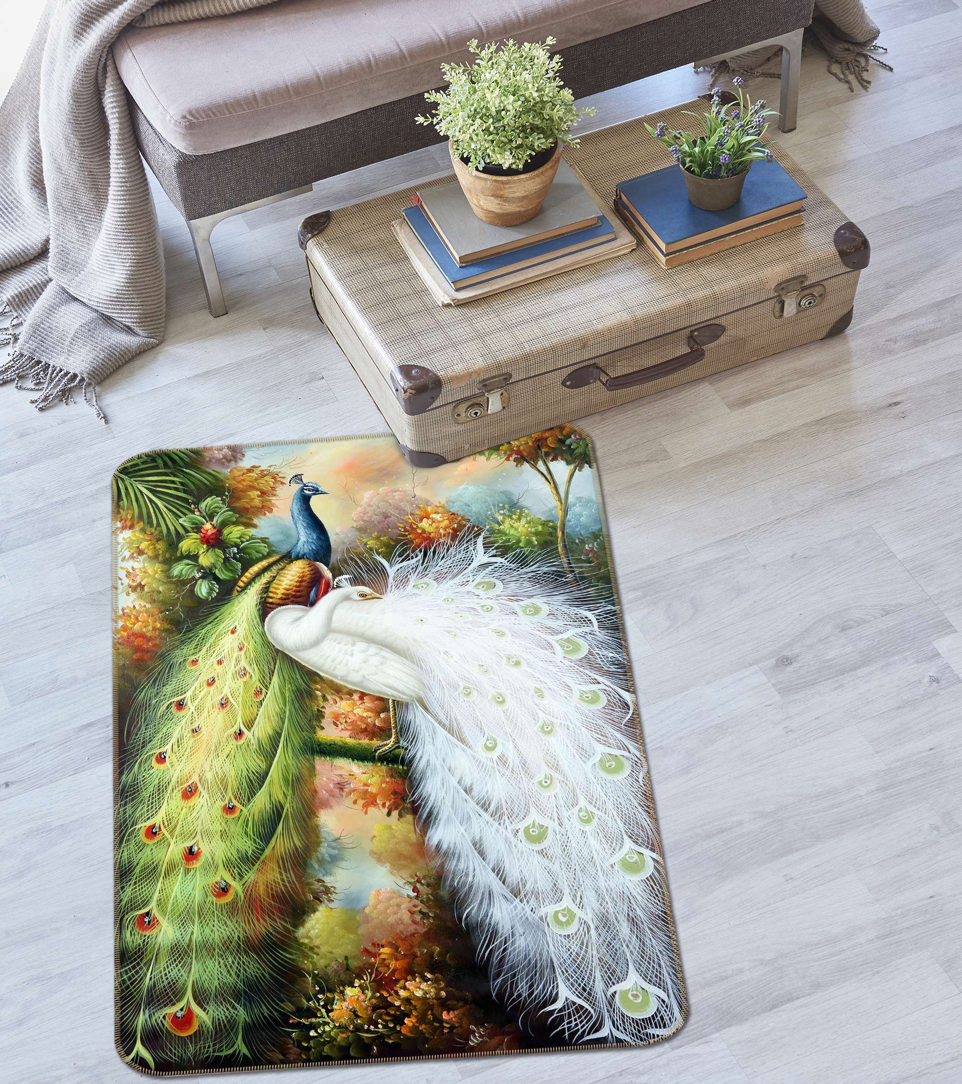 3D Green White Peacock 27041 Non Slip Rug Mat