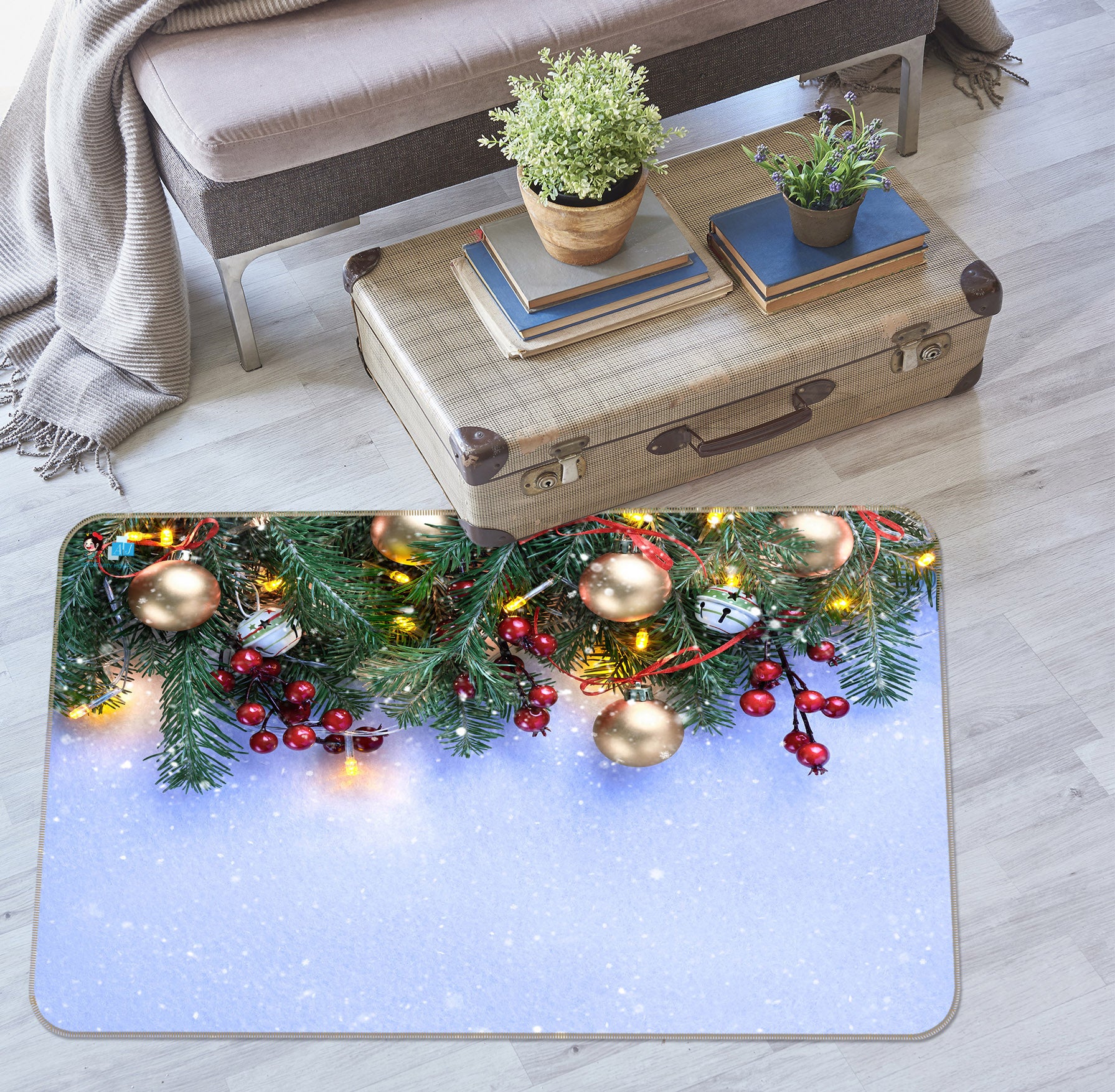 3D Branch Golden Ball Pendant 55090 Christmas Non Slip Rug Mat Xmas