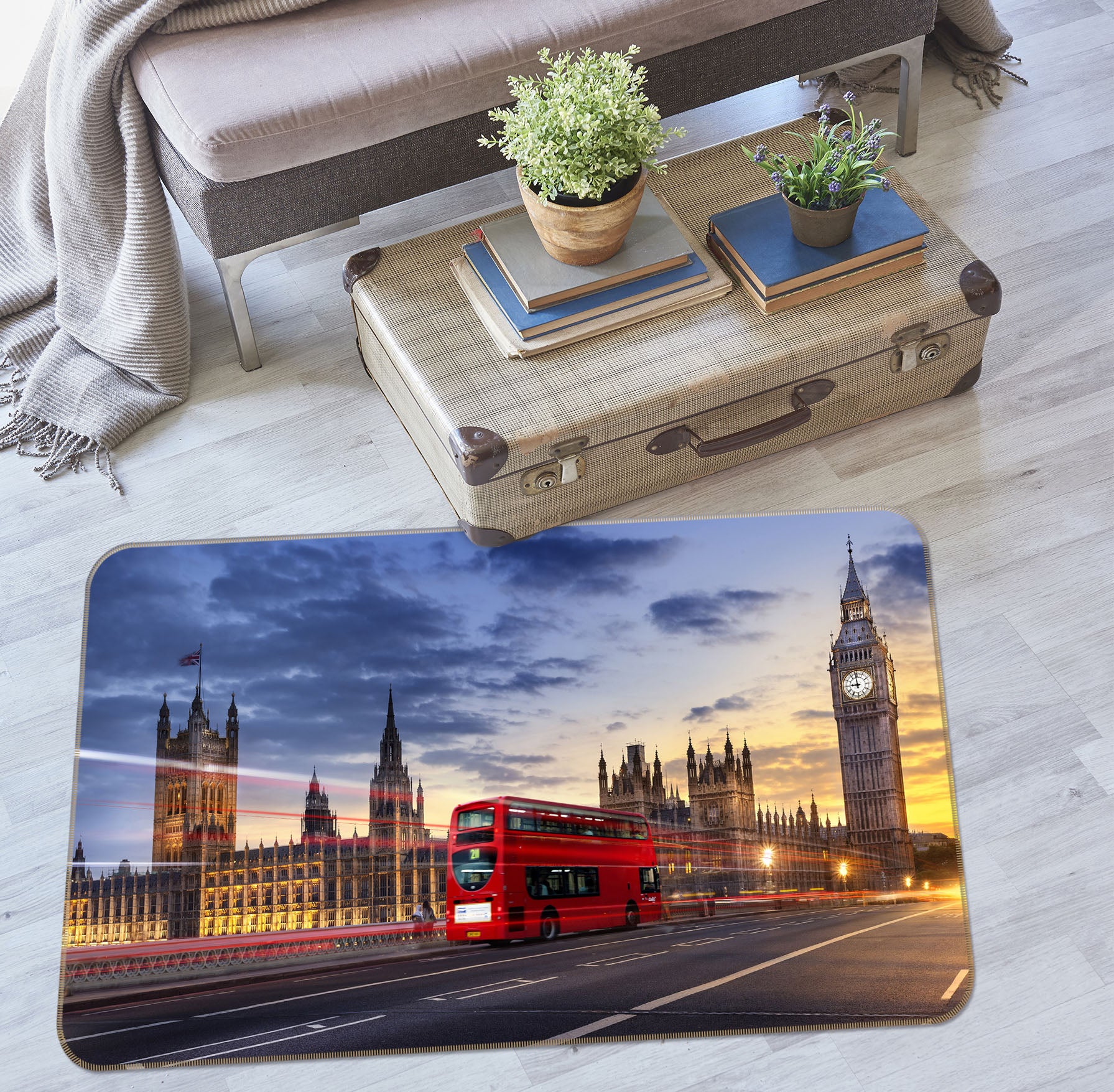 3D Street Architecture Red Bus 68066 Vehicle Non Slip Rug Mat