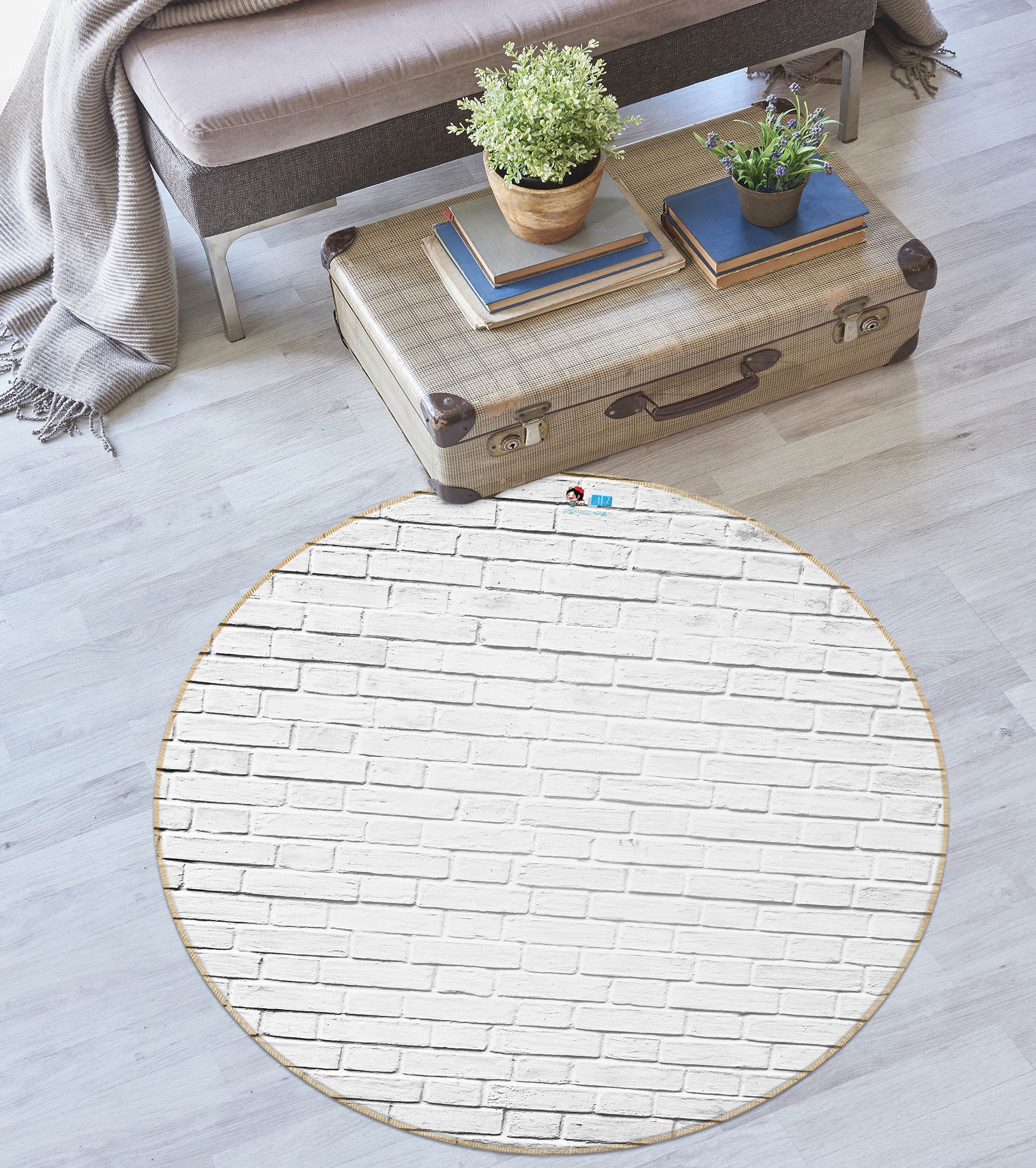 3D White Brick Wall 74143 Round Non Slip Rug Mat