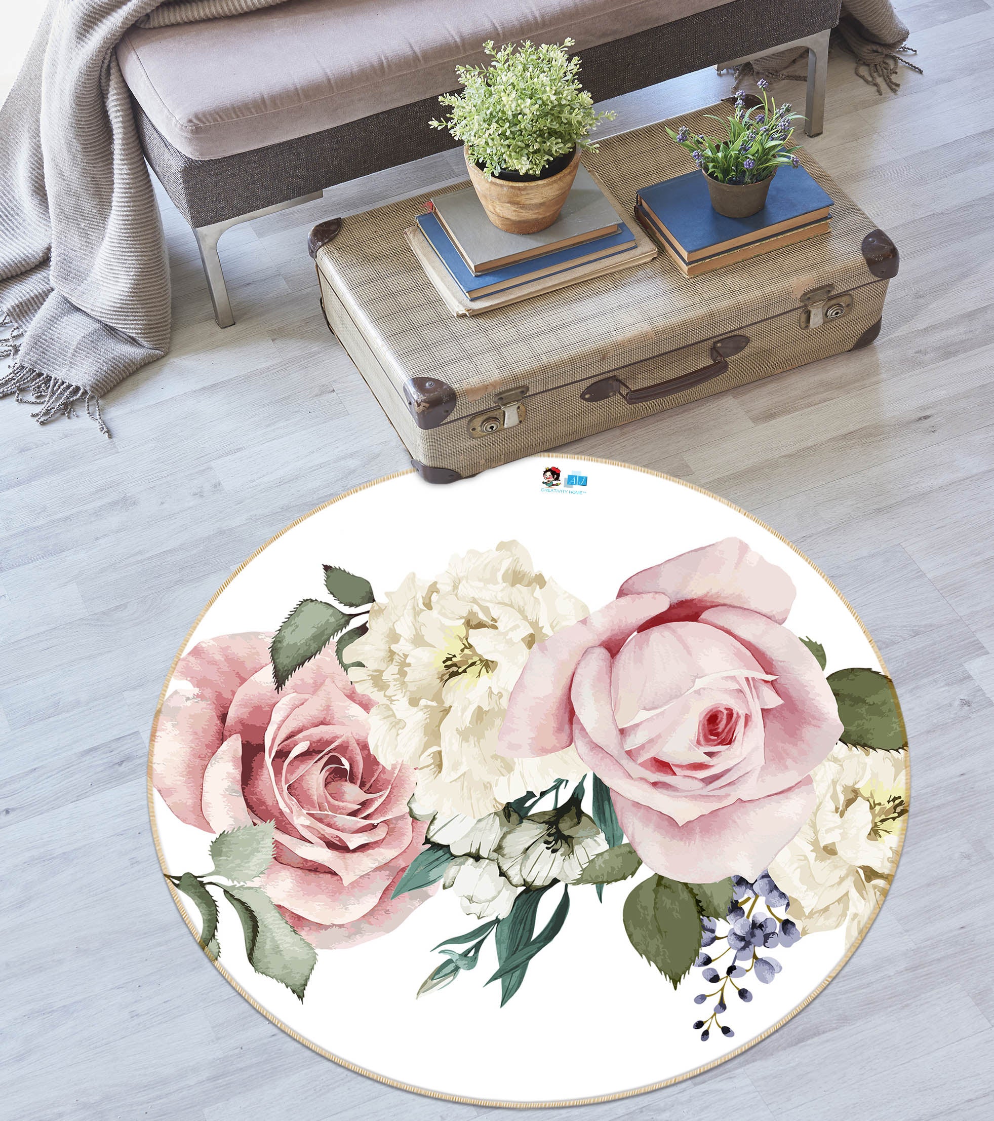 3D Pink Flowers 74157 Round Non Slip Rug Mat