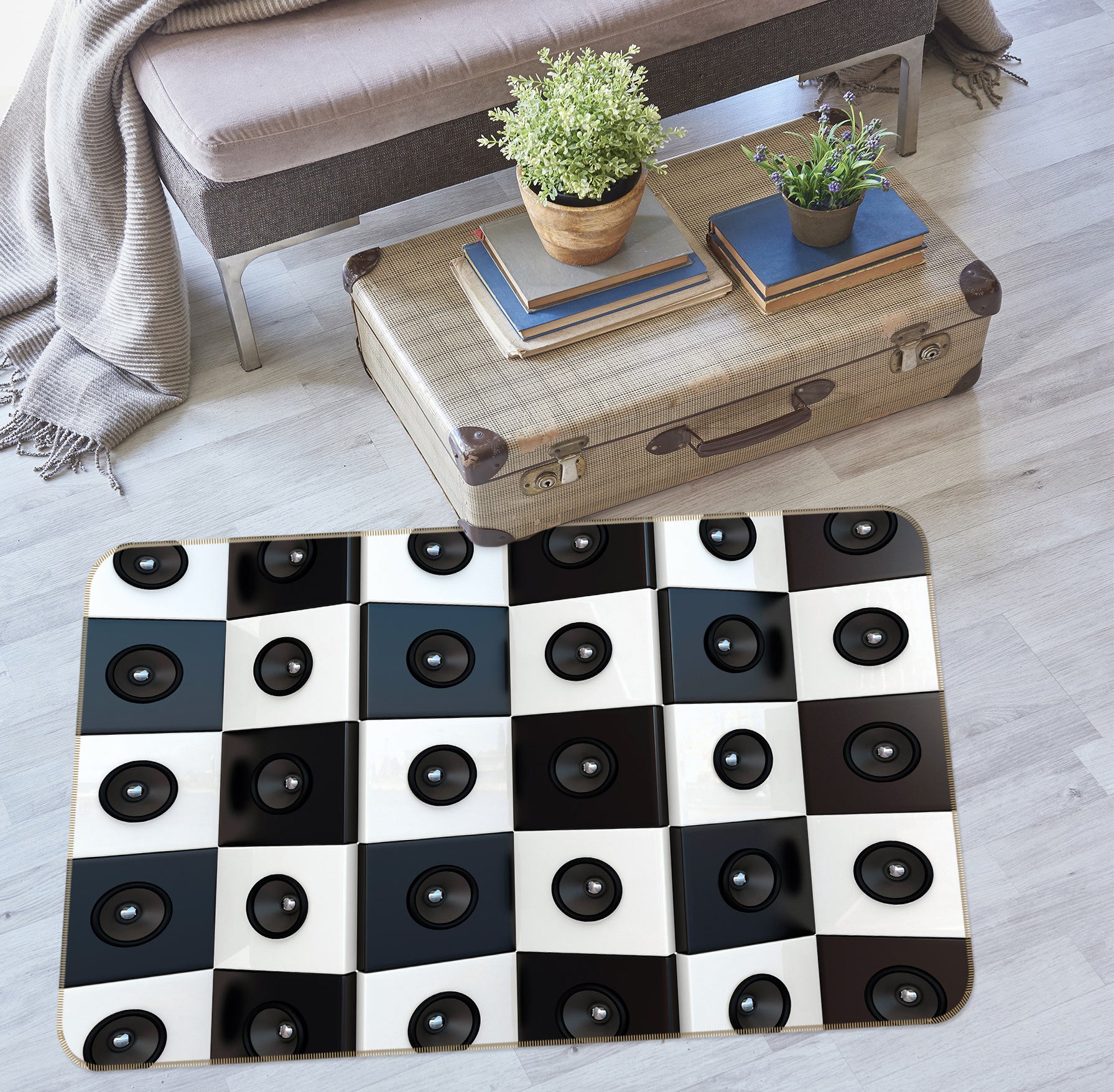 3D Black White Grid 76247 Non Slip Rug Mat