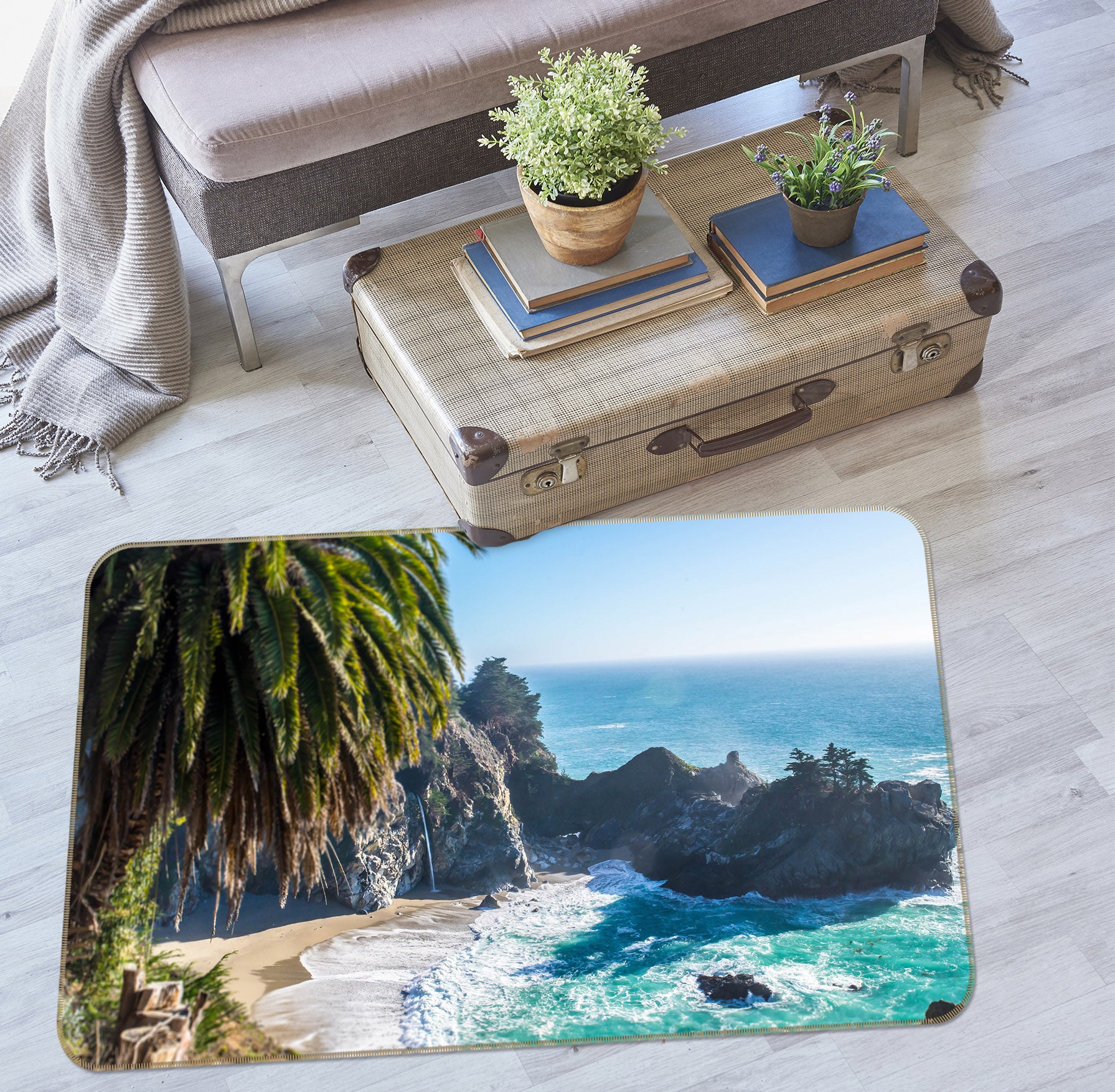 3D Seaside Stone Coconut Tree 36105 Non Slip Rug Mat
