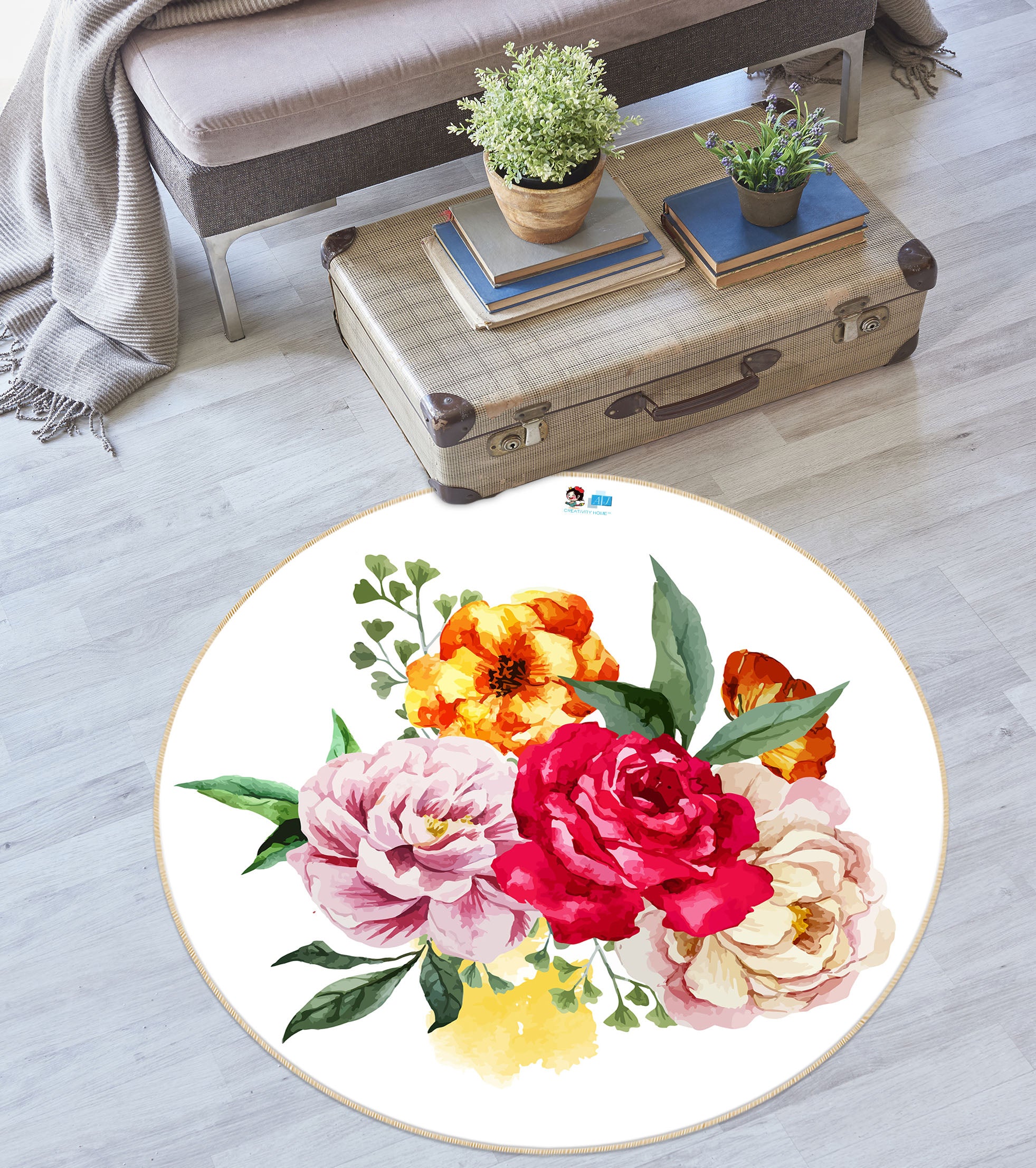3D Bouquet 74207 Round Non Slip Rug Mat