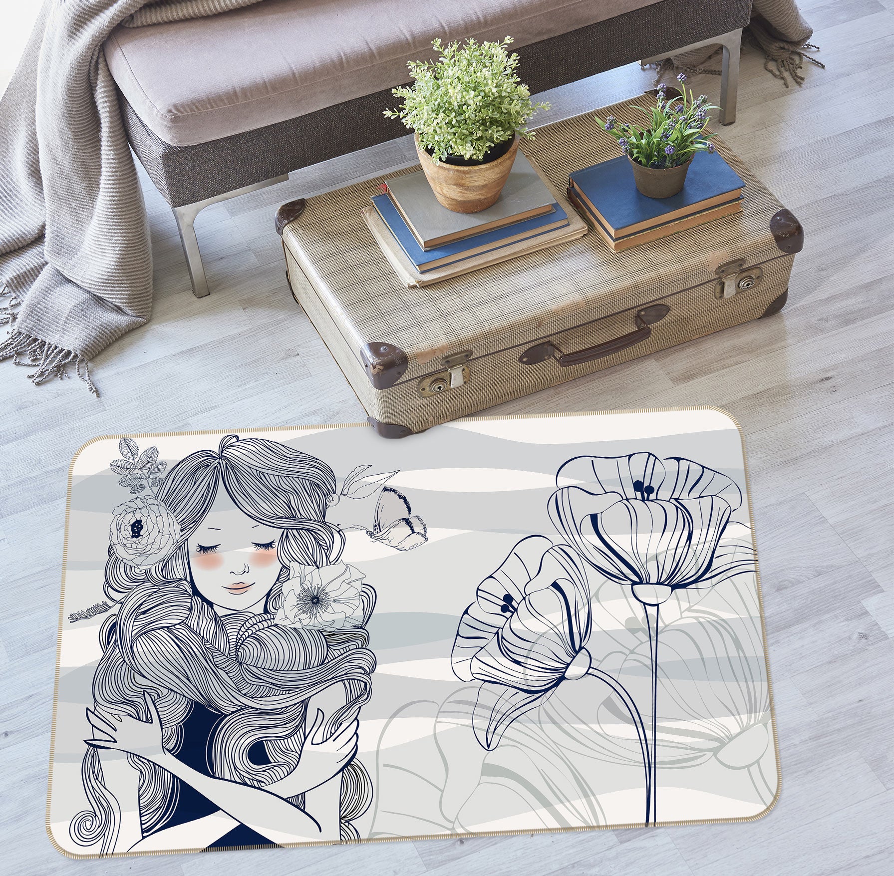 3D Black White Girl Flowers 76299 Non Slip Rug Mat