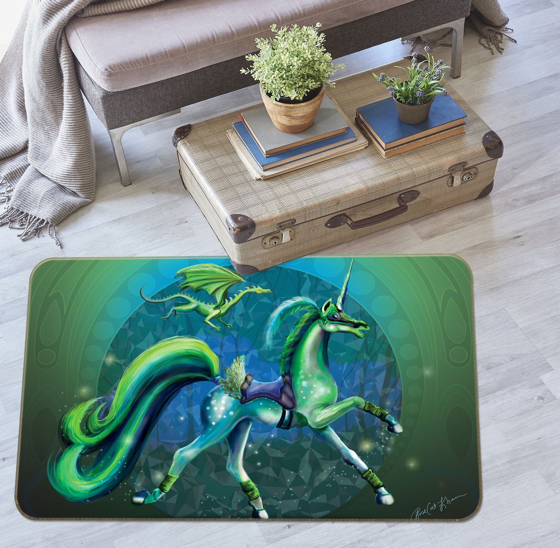 3D Green Unicorn 3020 Rose Catherine Khan Rug Non Slip Rug Mat Mat AJ Creativity Home