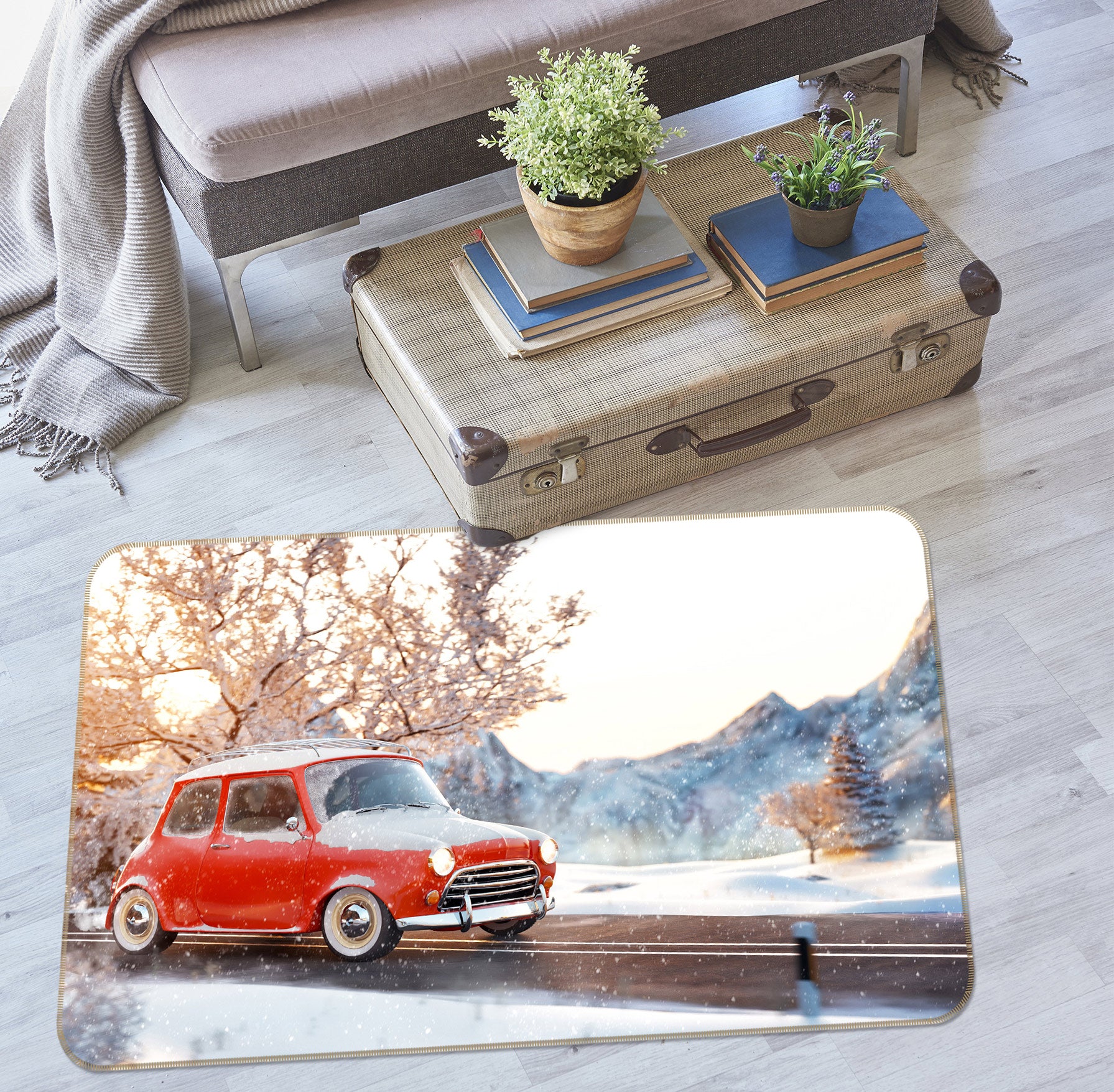 3D Snow Mountain Red Car 68001 Vehicle Non Slip Rug Mat