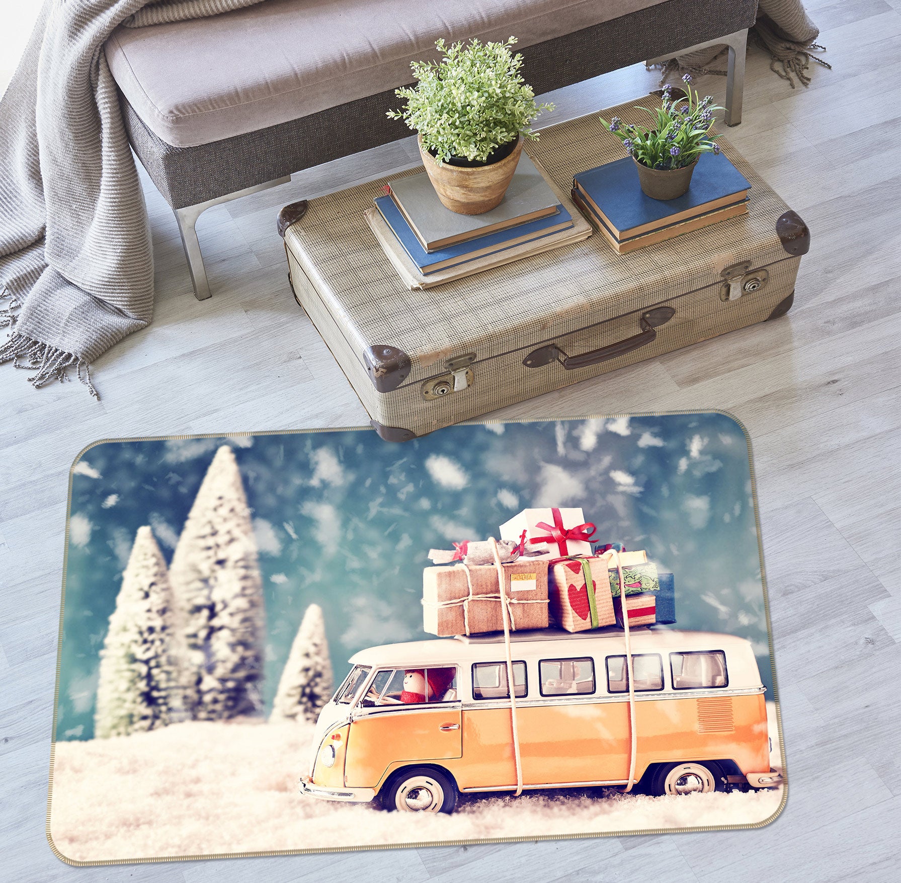 3D Snow Yellow Bus 67219 Vehicle Non Slip Rug Mat