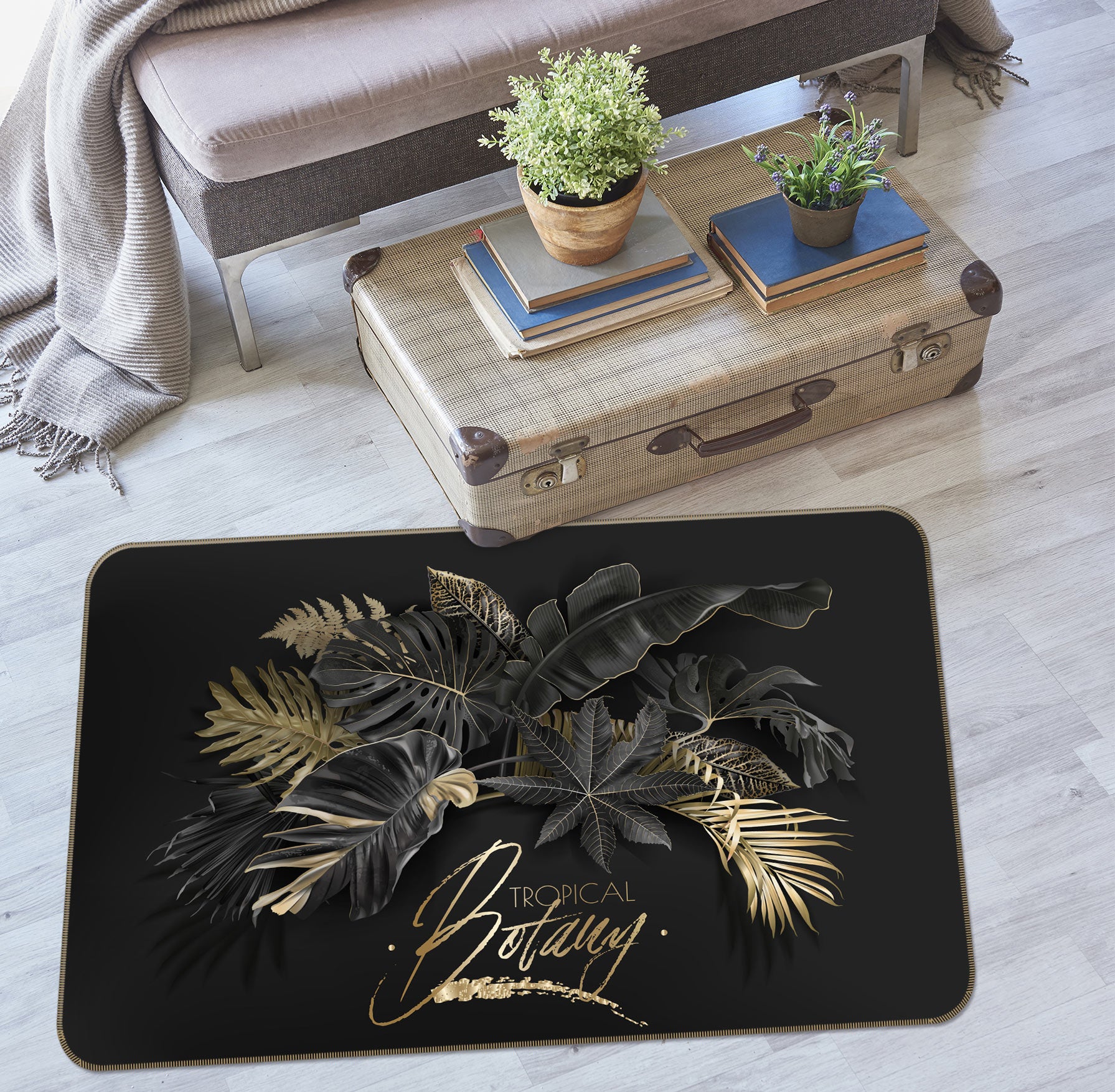 3D Black Gold Leaves 77199 Non Slip Rug Mat