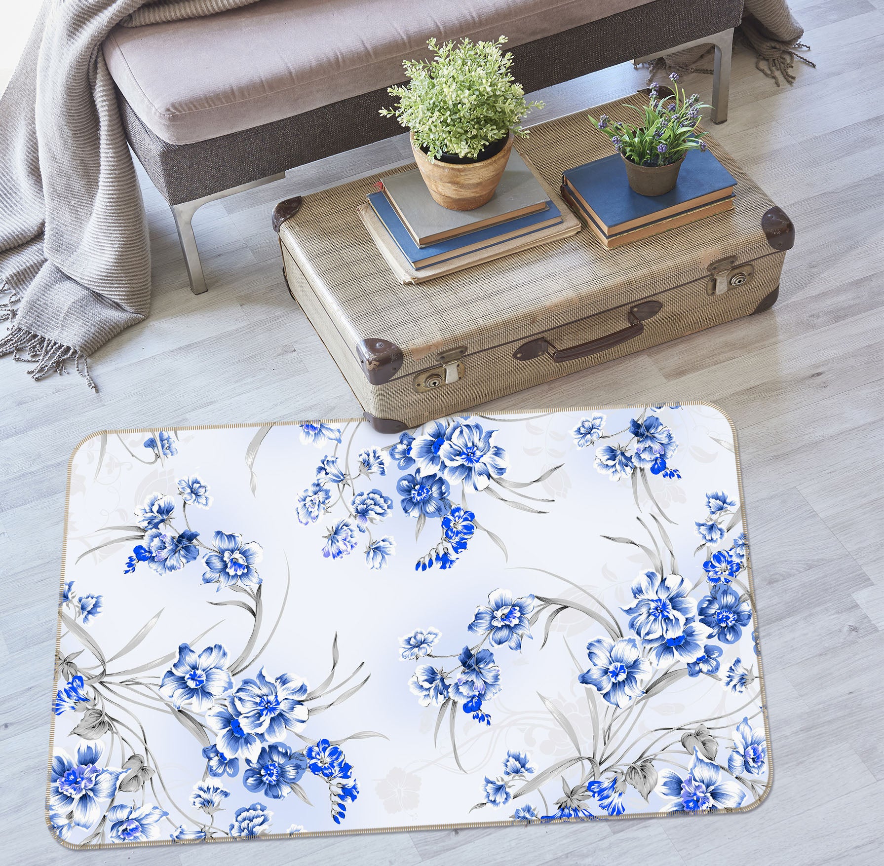 3D Blue Flowers 34038 Non Slip Rug Mat