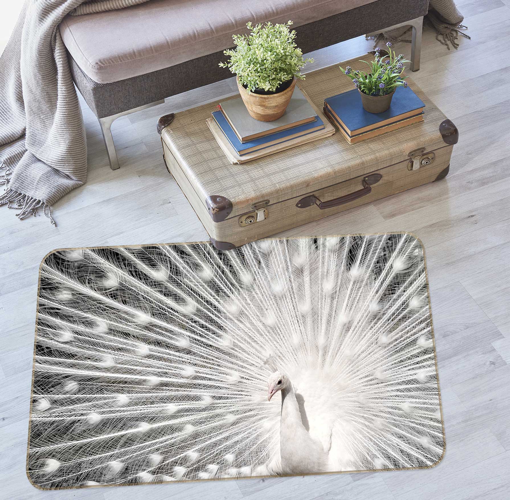 3D White Peacock 30004 Non Slip Rug Mat