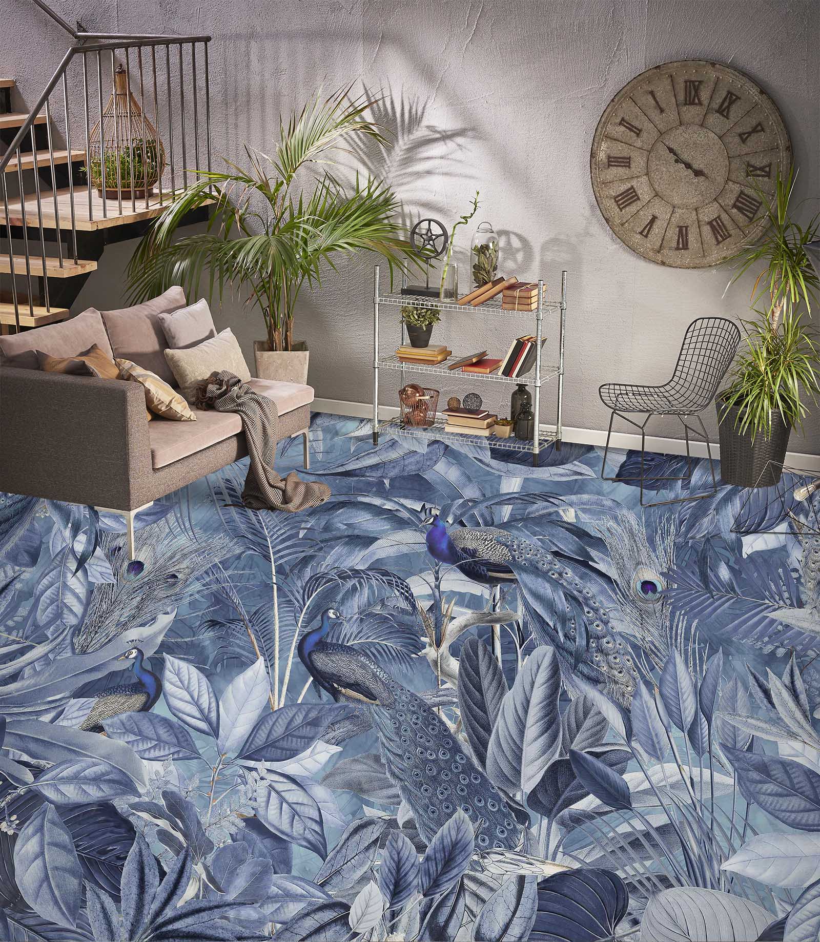3D Blue Peacock Leaves Grove 10036 Andrea Haase Floor Mural