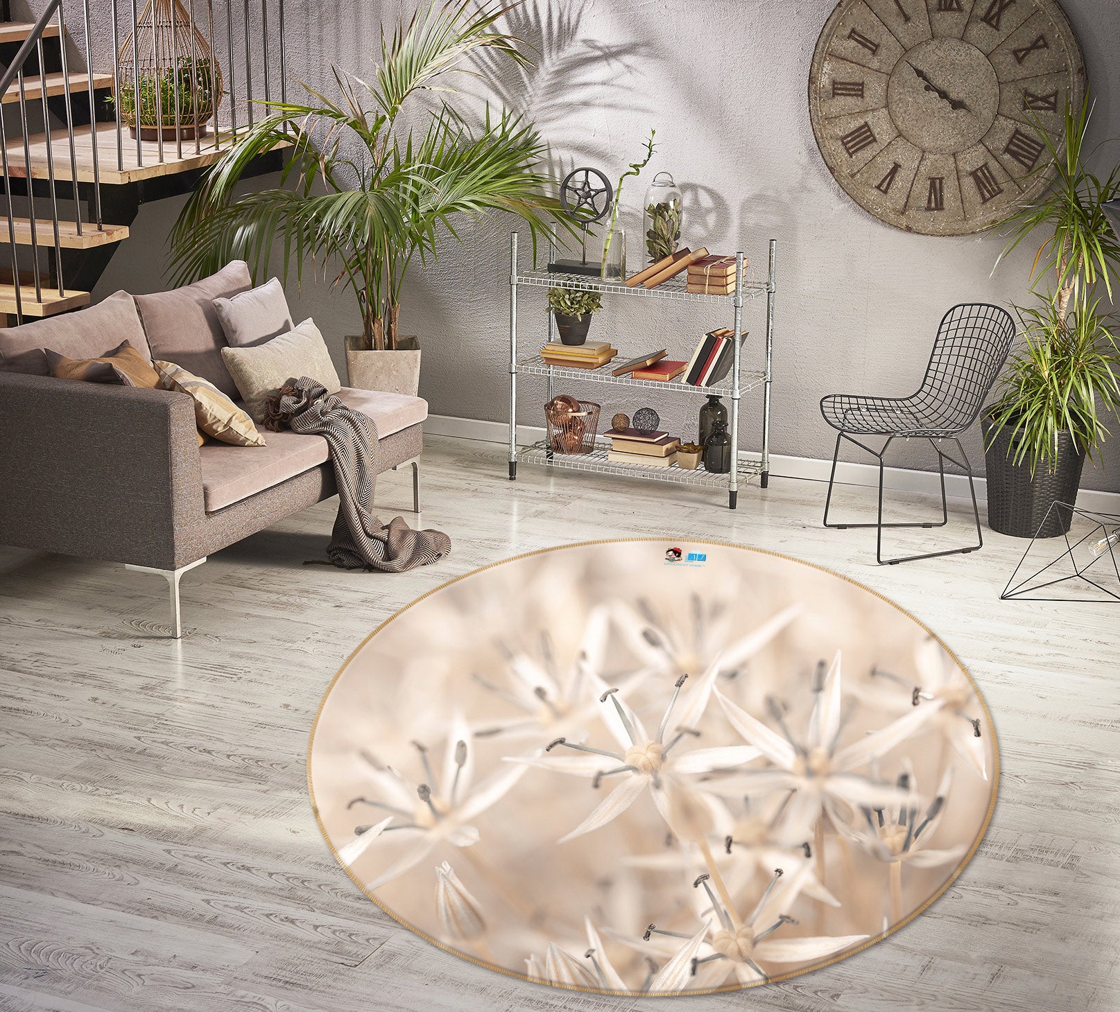 3D Gray Wildflowers 7566 Assaf Frank Rug Round Non Slip Rug Mat