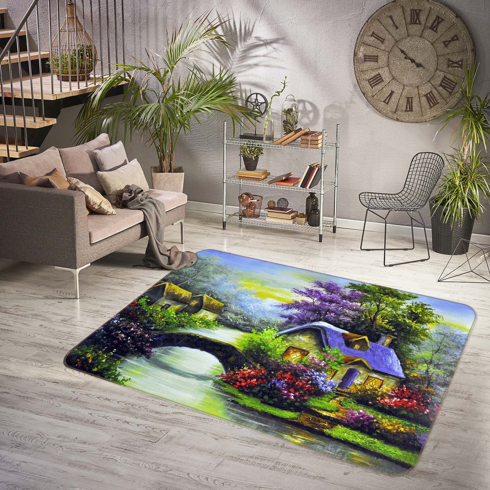 3D Flower Bush House Bridge 75287 Non Slip Rug Mat