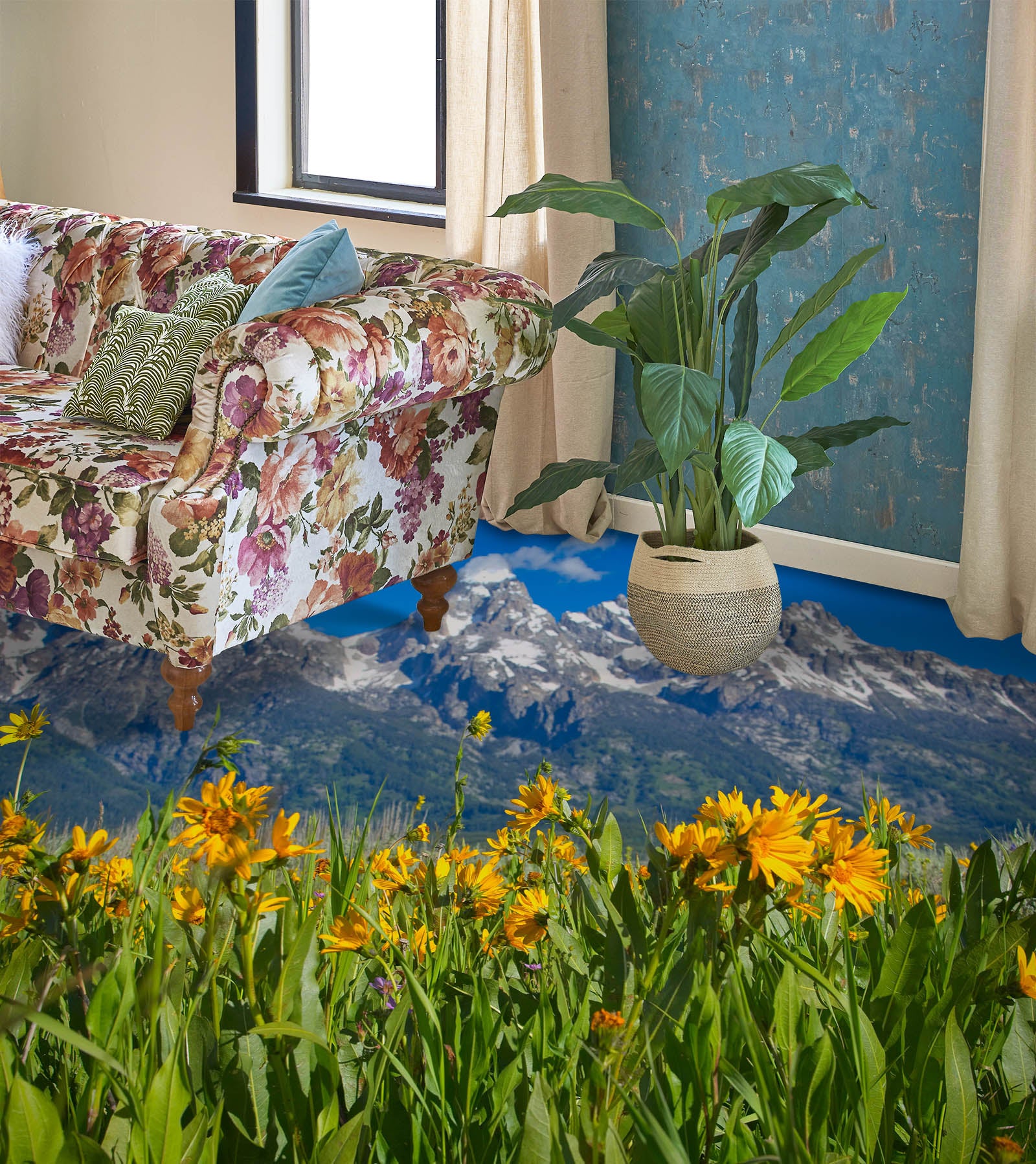 3D Snow Mountain Meadow Flowers 98188 Kathy Barefield Floor Mural