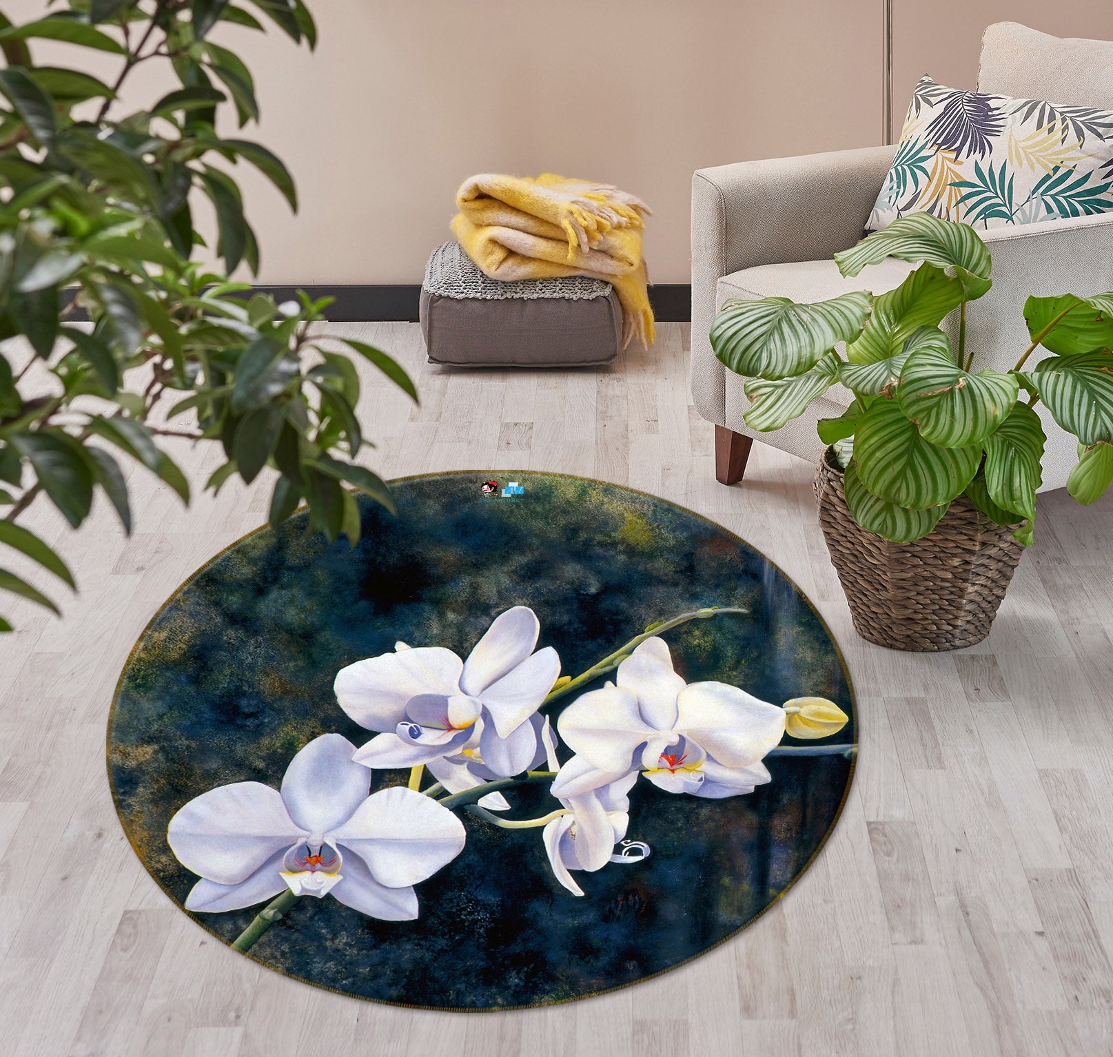 3D White Flowers 11091 Matthew Holden Bates Rug Round Non Slip Rug Mat