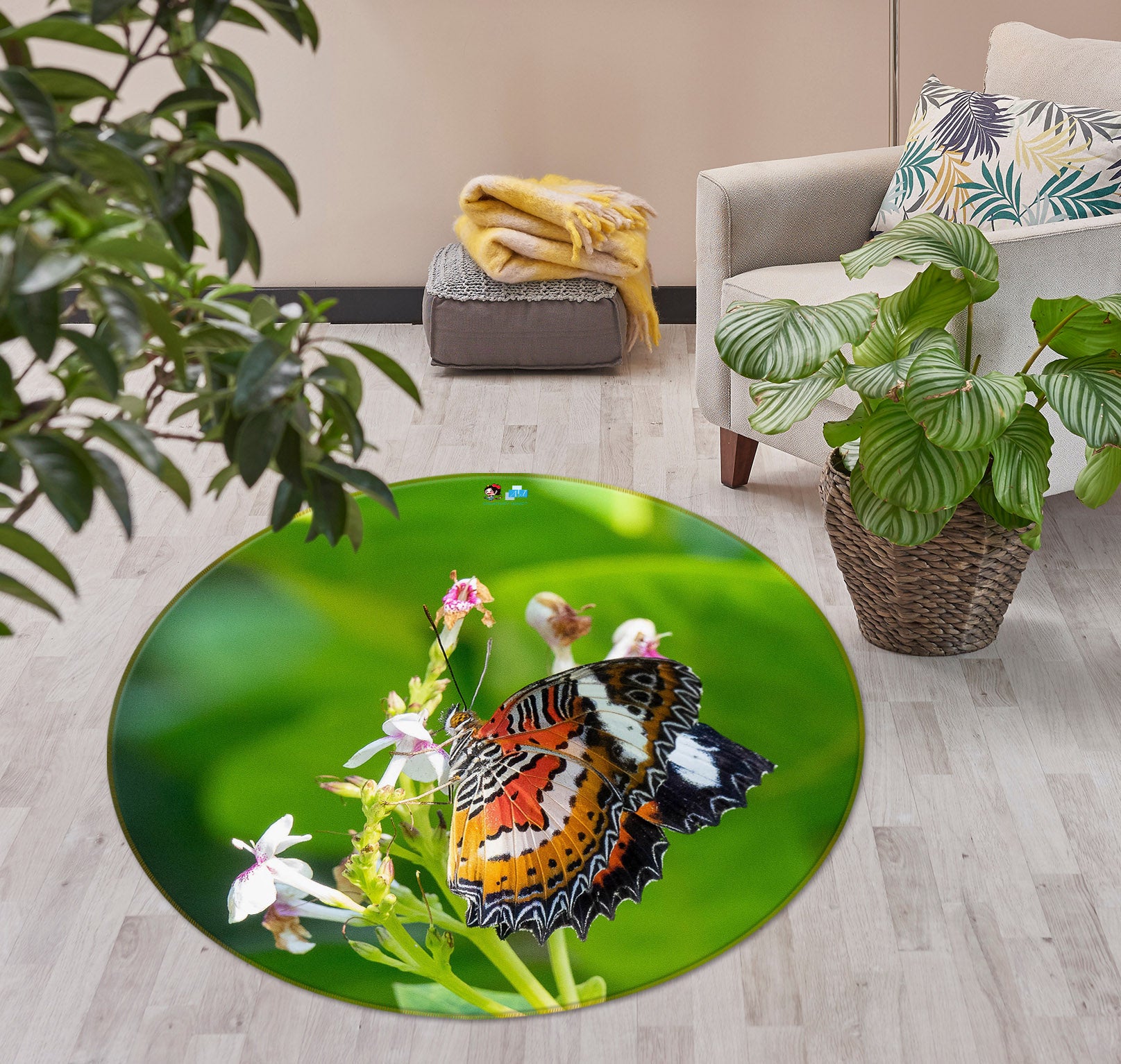 3D Butterfly 75118 Round Non Slip Rug Mat