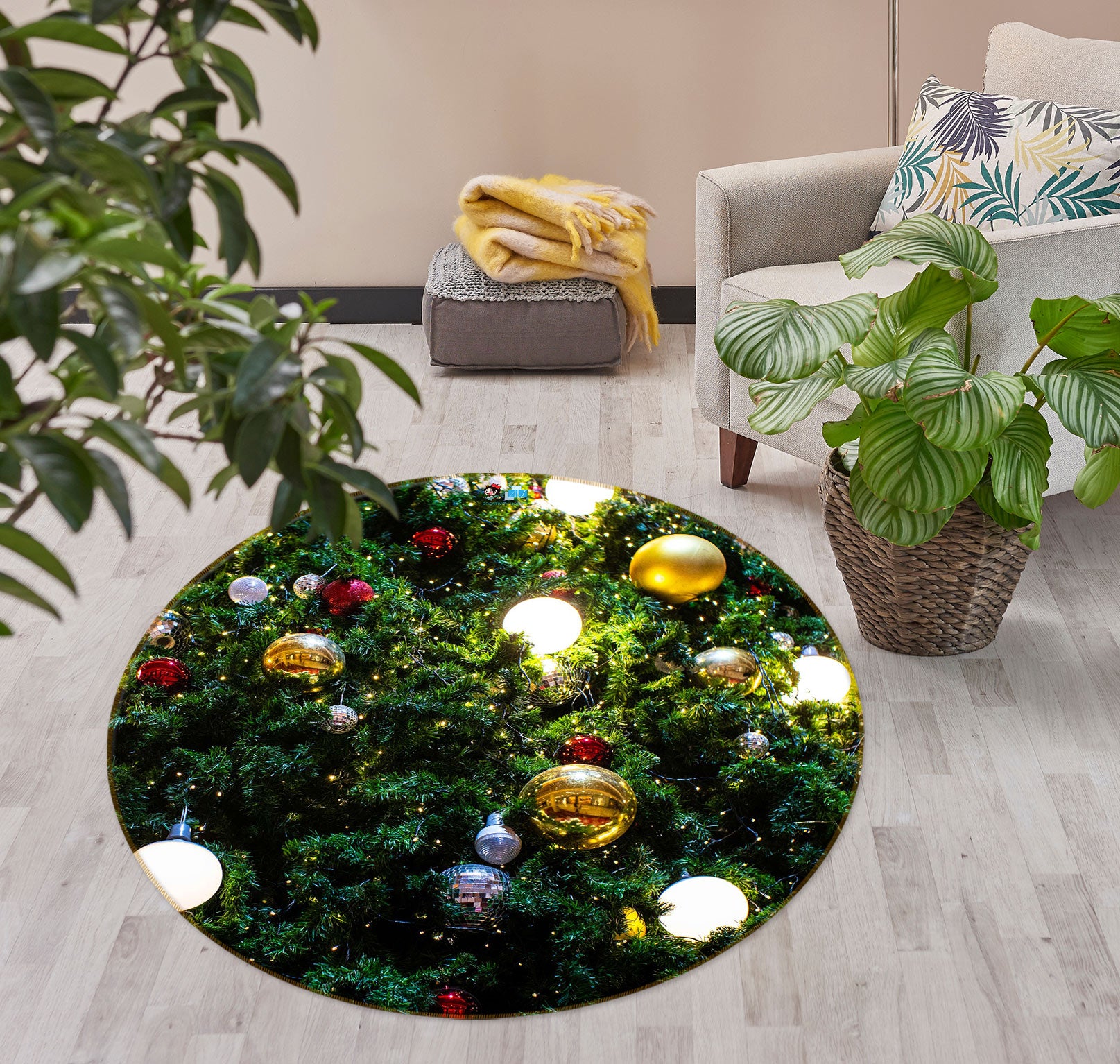 3D Tree Ball 54091 Christmas Round Non Slip Rug Mat Xmas