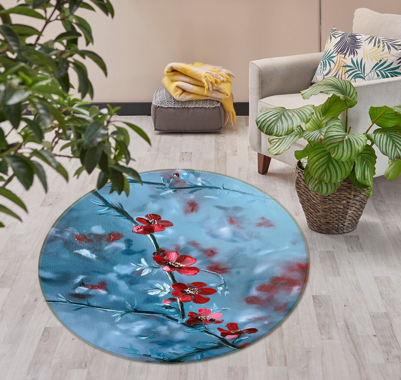 3D Red Flower Branch 9747 Marina Zotova Rug Round Non Slip Rug Mat