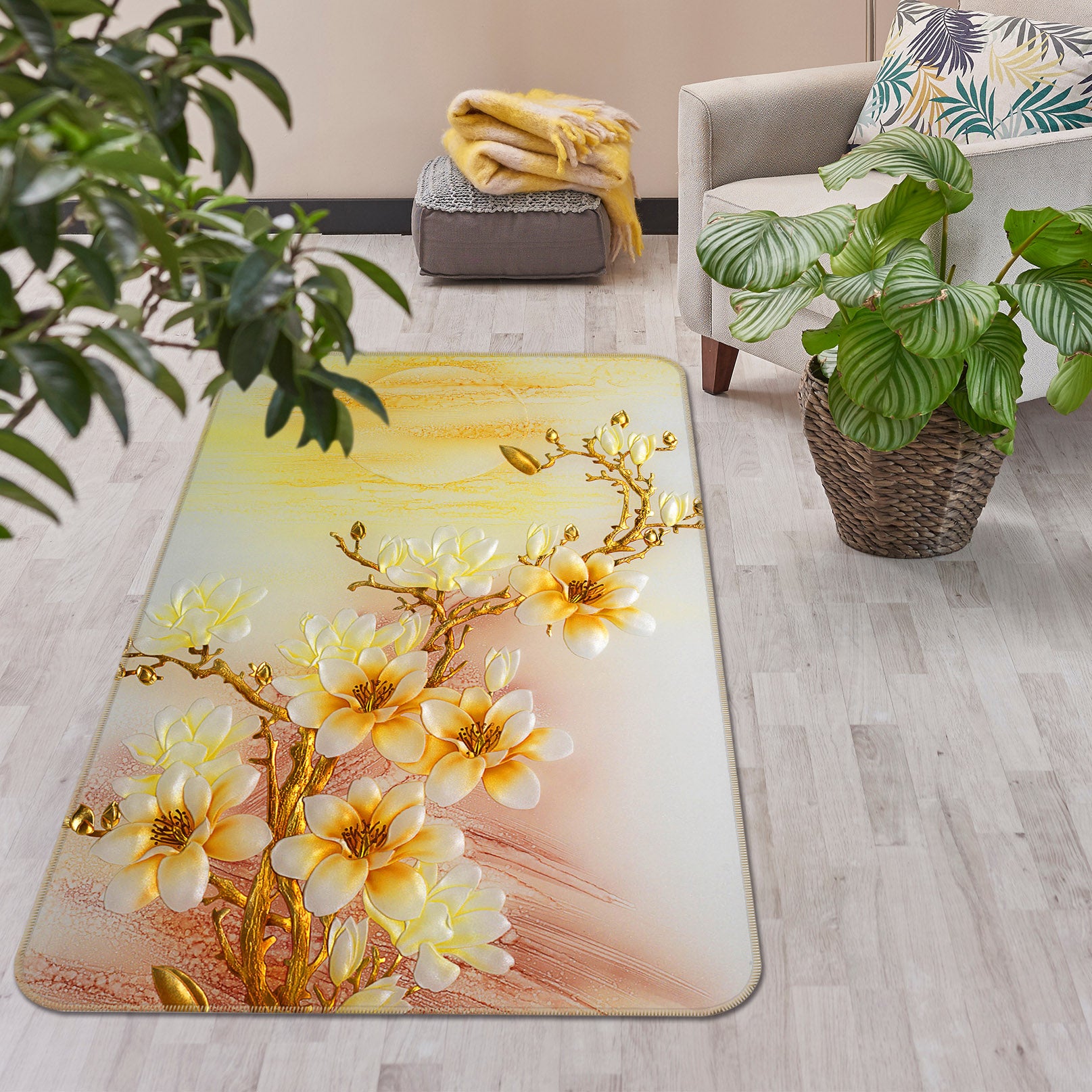 3D Golden Flower 32221 Non Slip Rug Mat