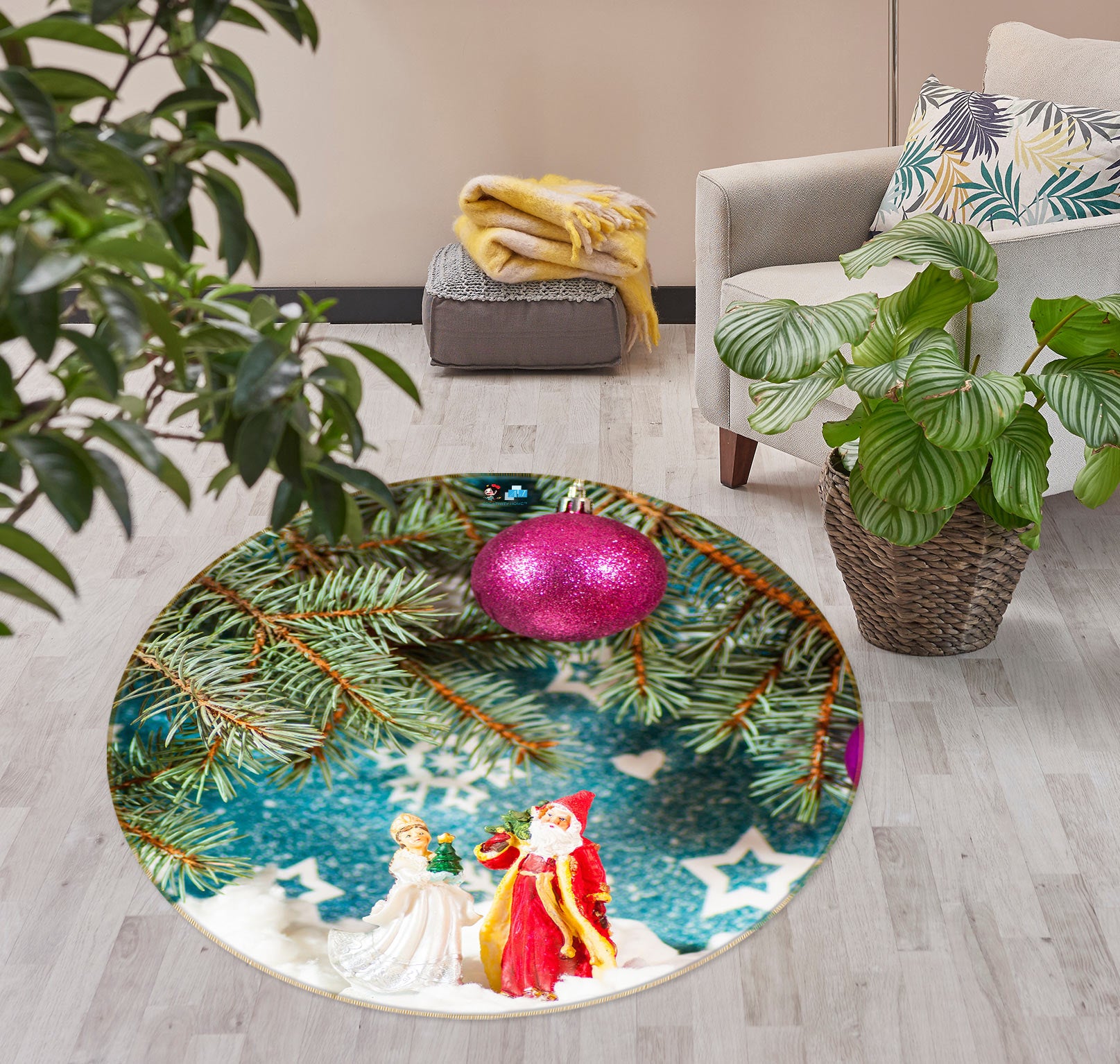 3D Santa Claus Ornaments 54061 Christmas Round Non Slip Rug Mat Xmas