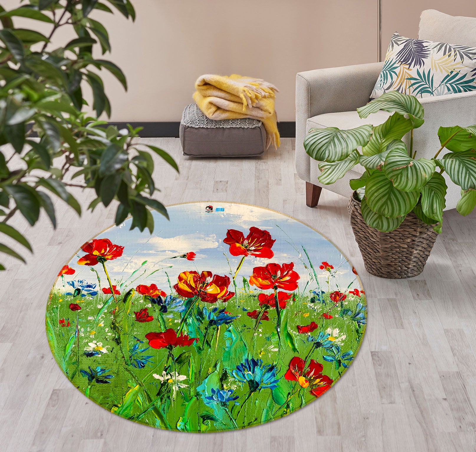 3D Red Flower Grass 916 Skromova Marina Rug Round Non Slip Rug Mat