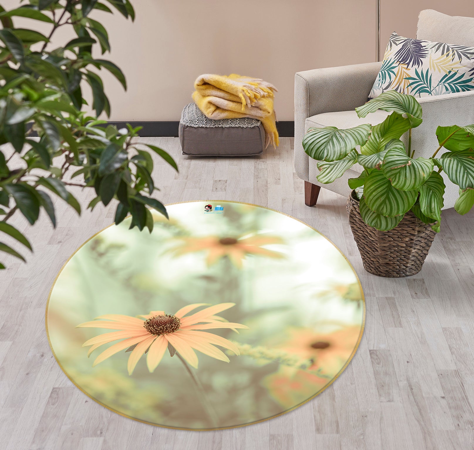 3D Orange Daisy 7514 Assaf Frank Rug Round Non Slip Rug Mat