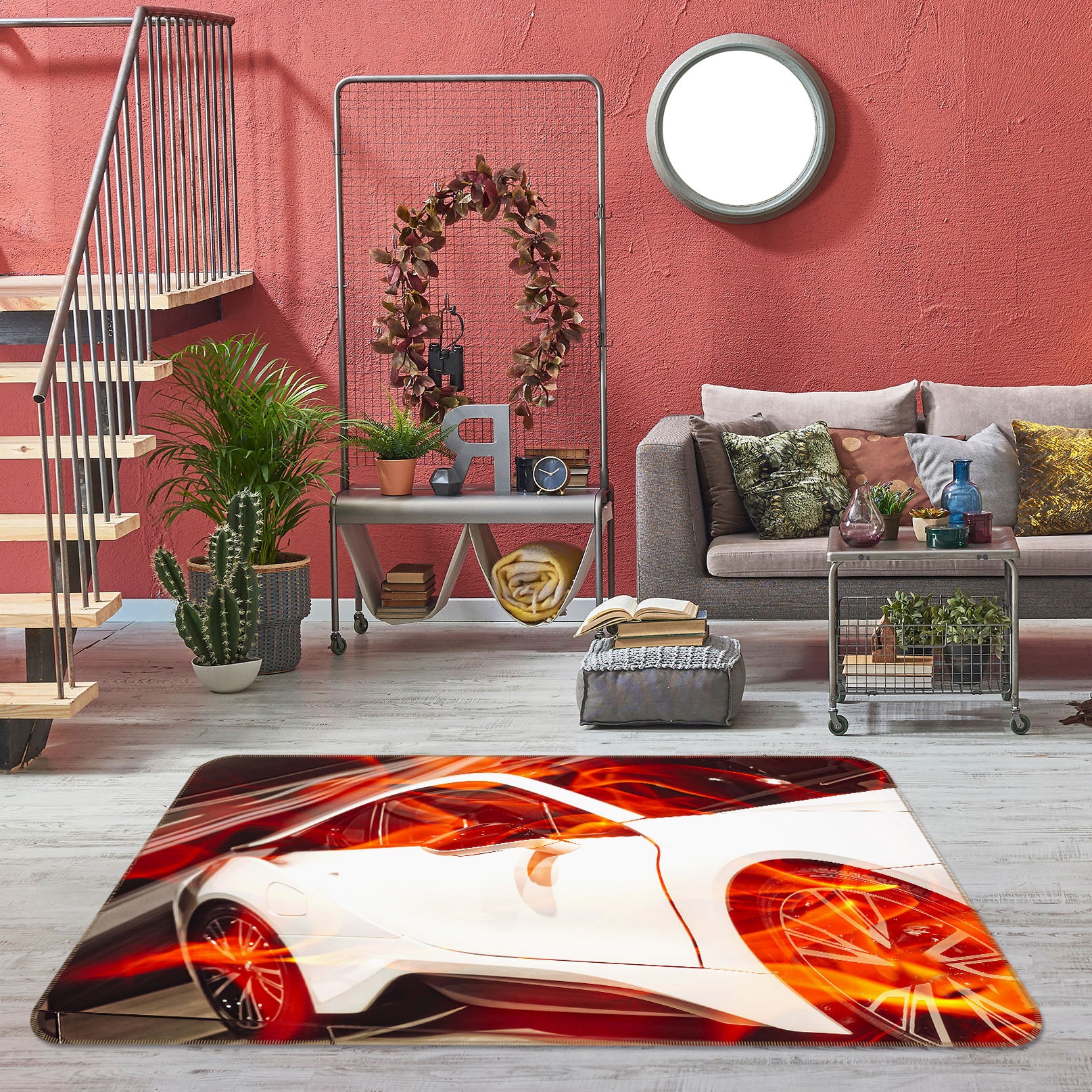 3D White Car Flame 42106 Vehicle Non Slip Rug Mat