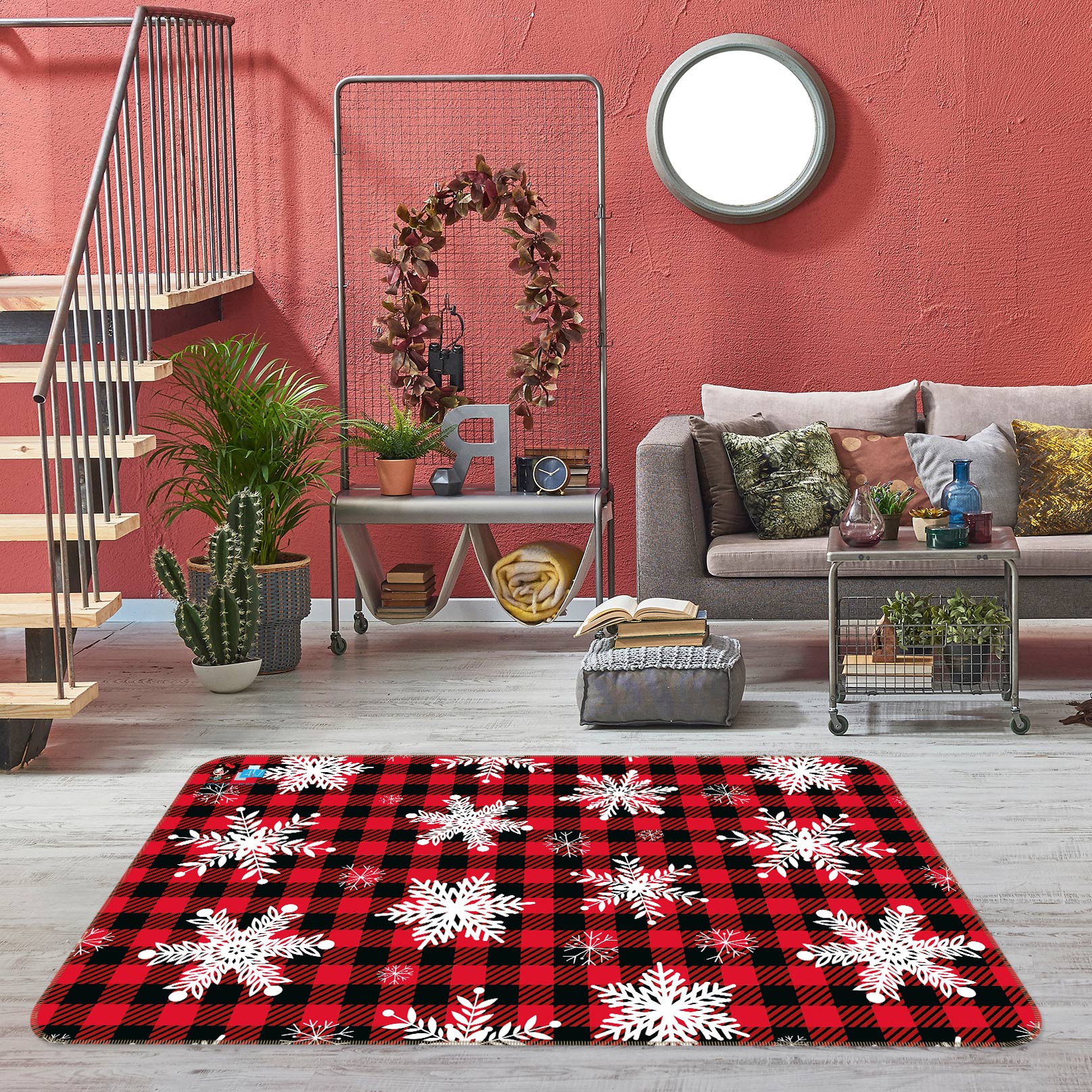 3D Snowflake Black Red Check 55013 Christmas Non Slip Rug Mat Xmas