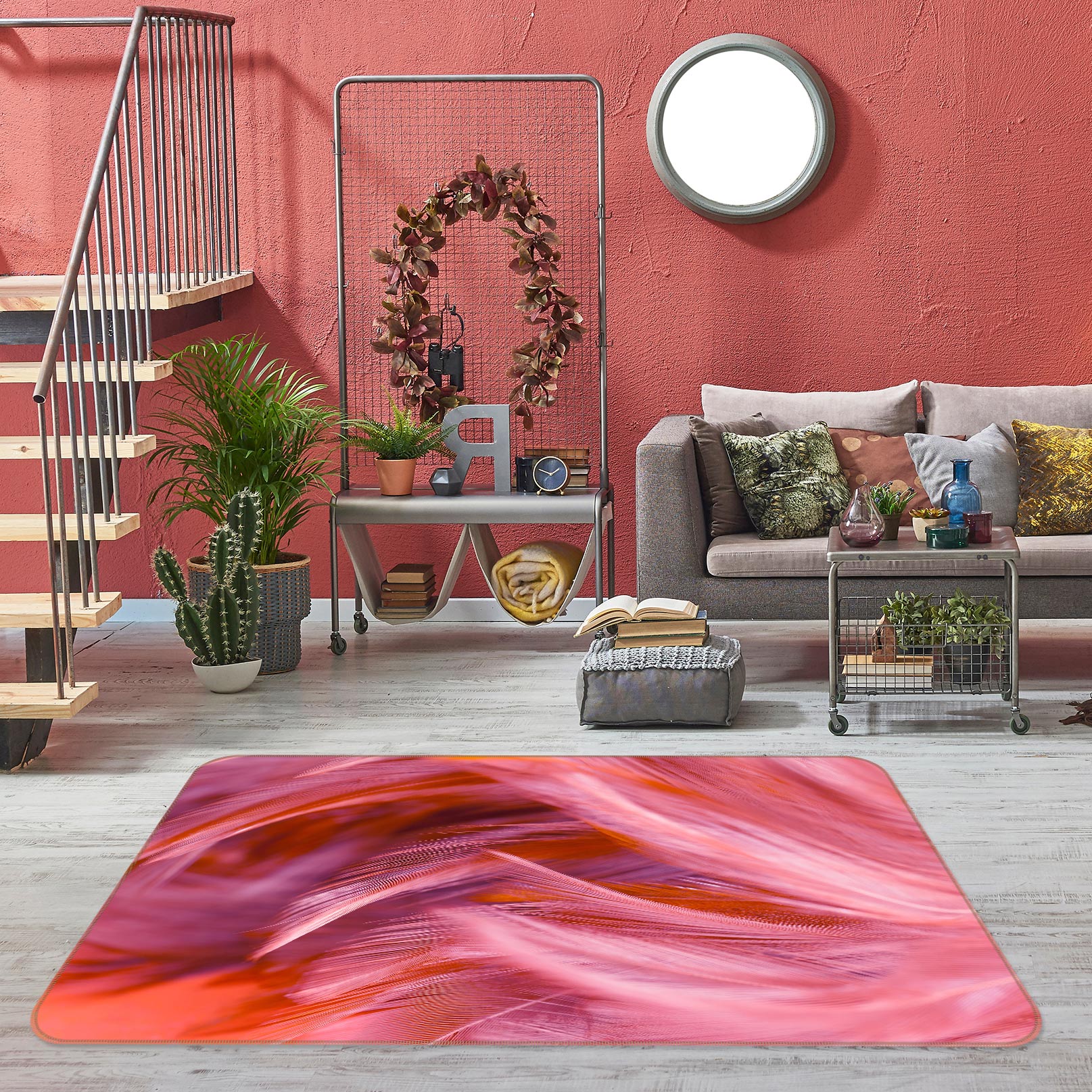 3D Red Feather Pattern 30056 Non Slip Rug Mat