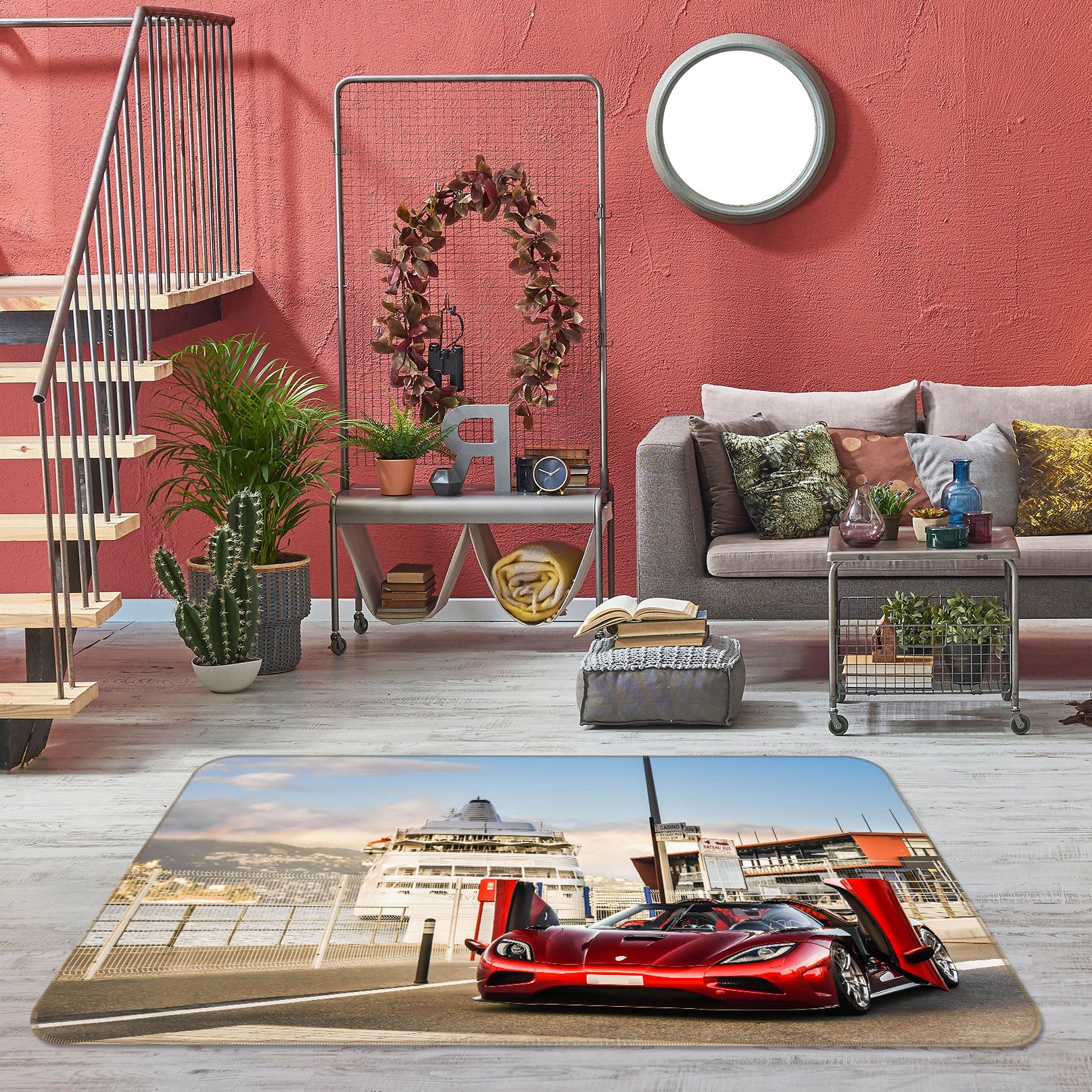 3D Red Sports Car 42070 Vehicle Non Slip Rug Mat