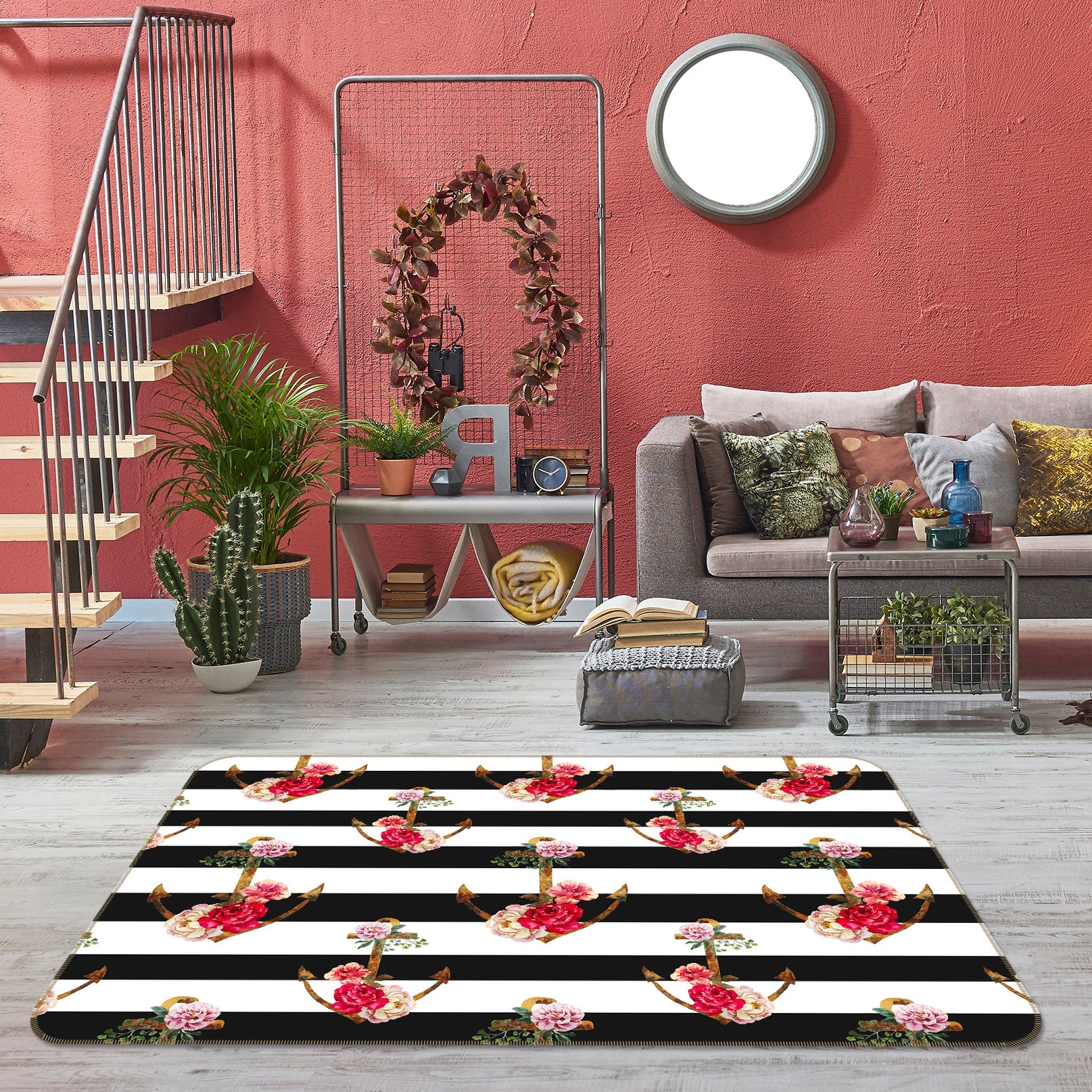 3D Black White Flowers 35073 Non Slip Rug Mat