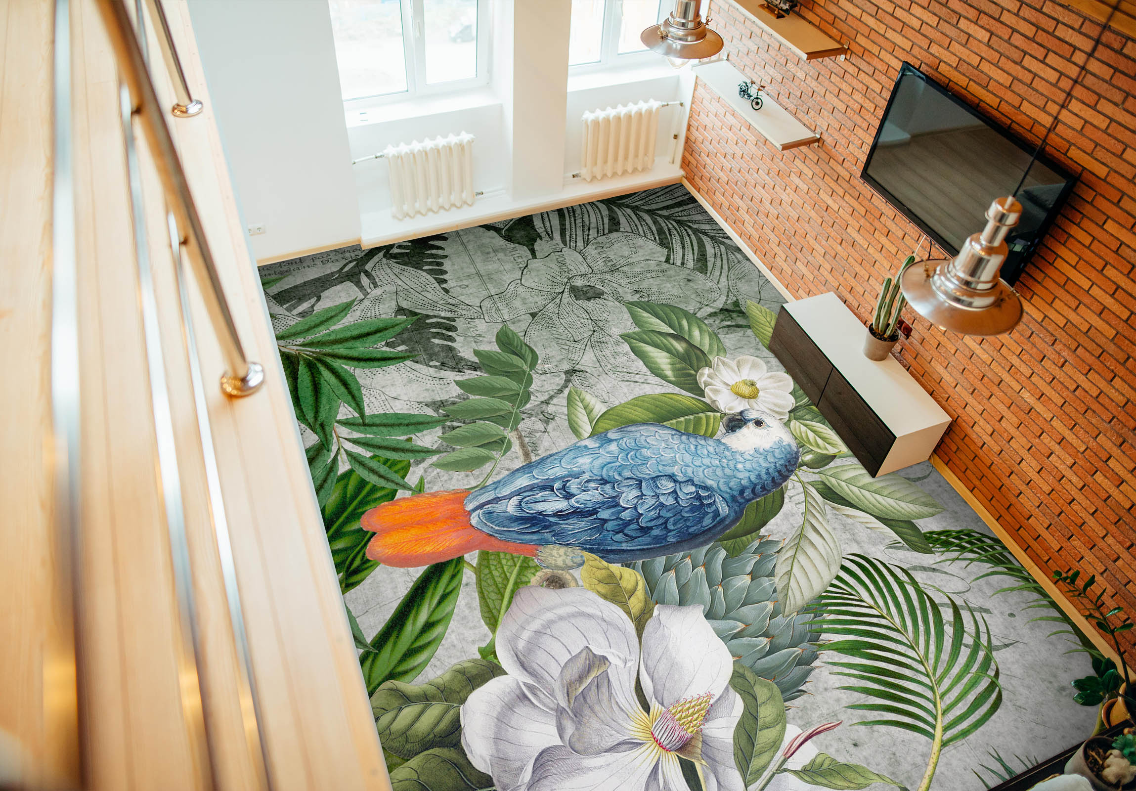 3D Leaves Blue Parrot 104164 Andrea Haase Floor Mural