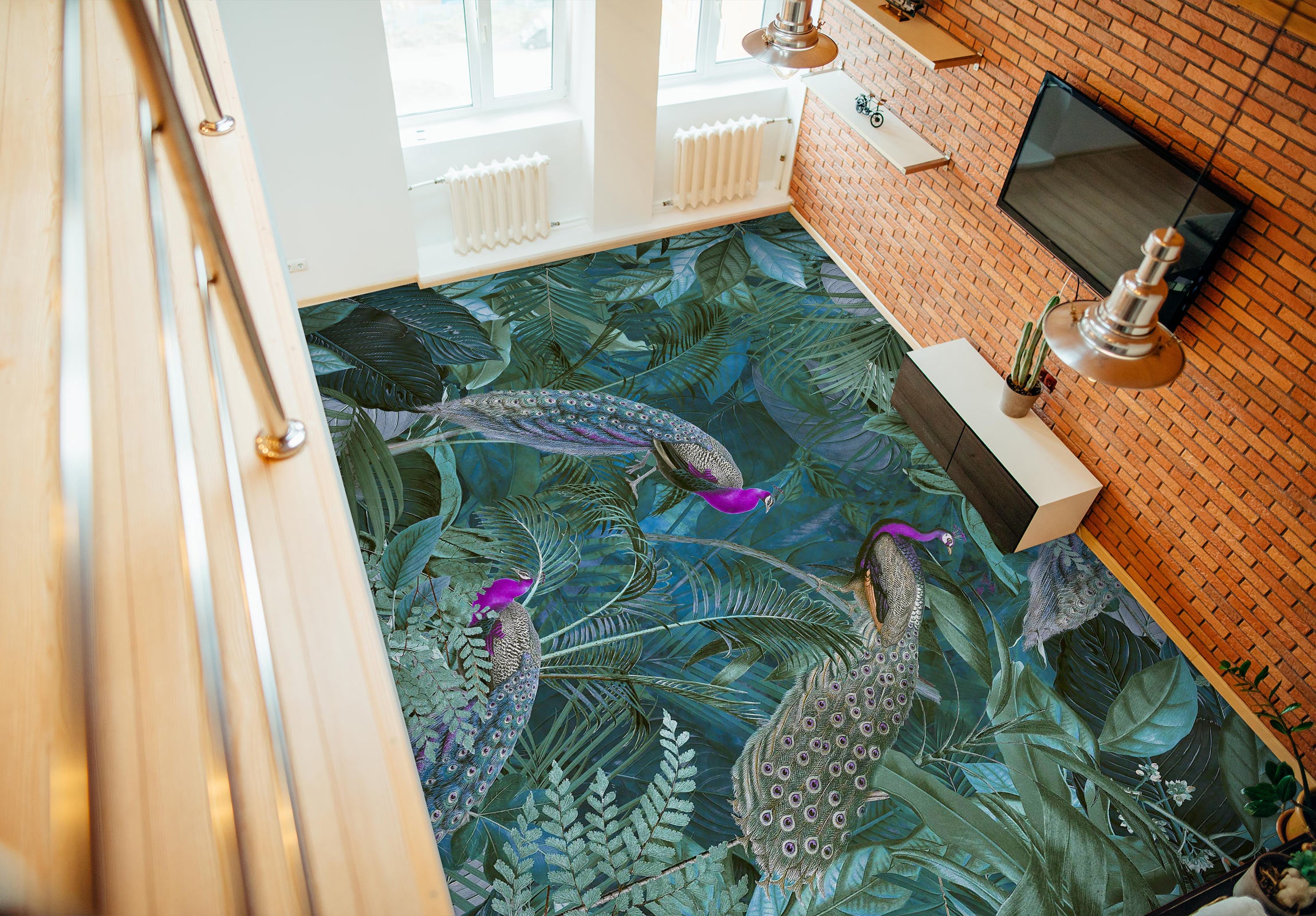 3D Green Bush Purple Peacock 10038 Andrea Haase Floor Mural