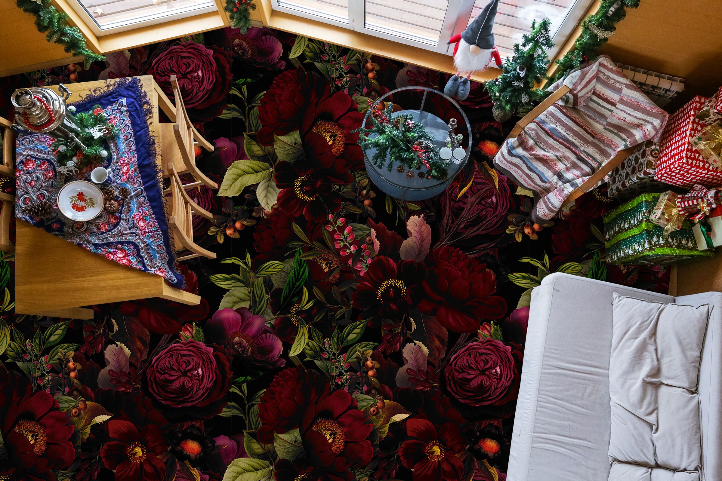 3D Dark Red Flower Bush 10031 Uta Naumann Floor Mural