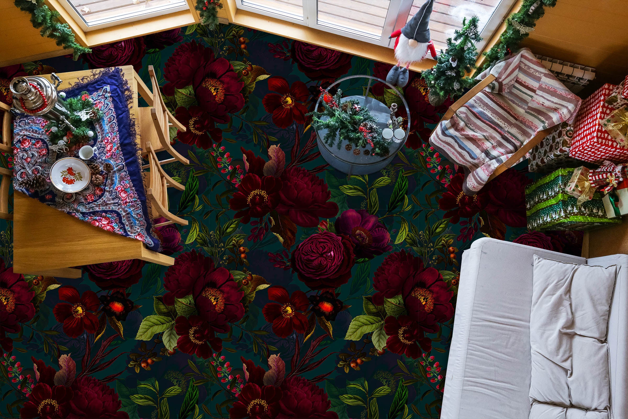 3D Dark Red Flowers 10027 Uta Naumann Floor Mural