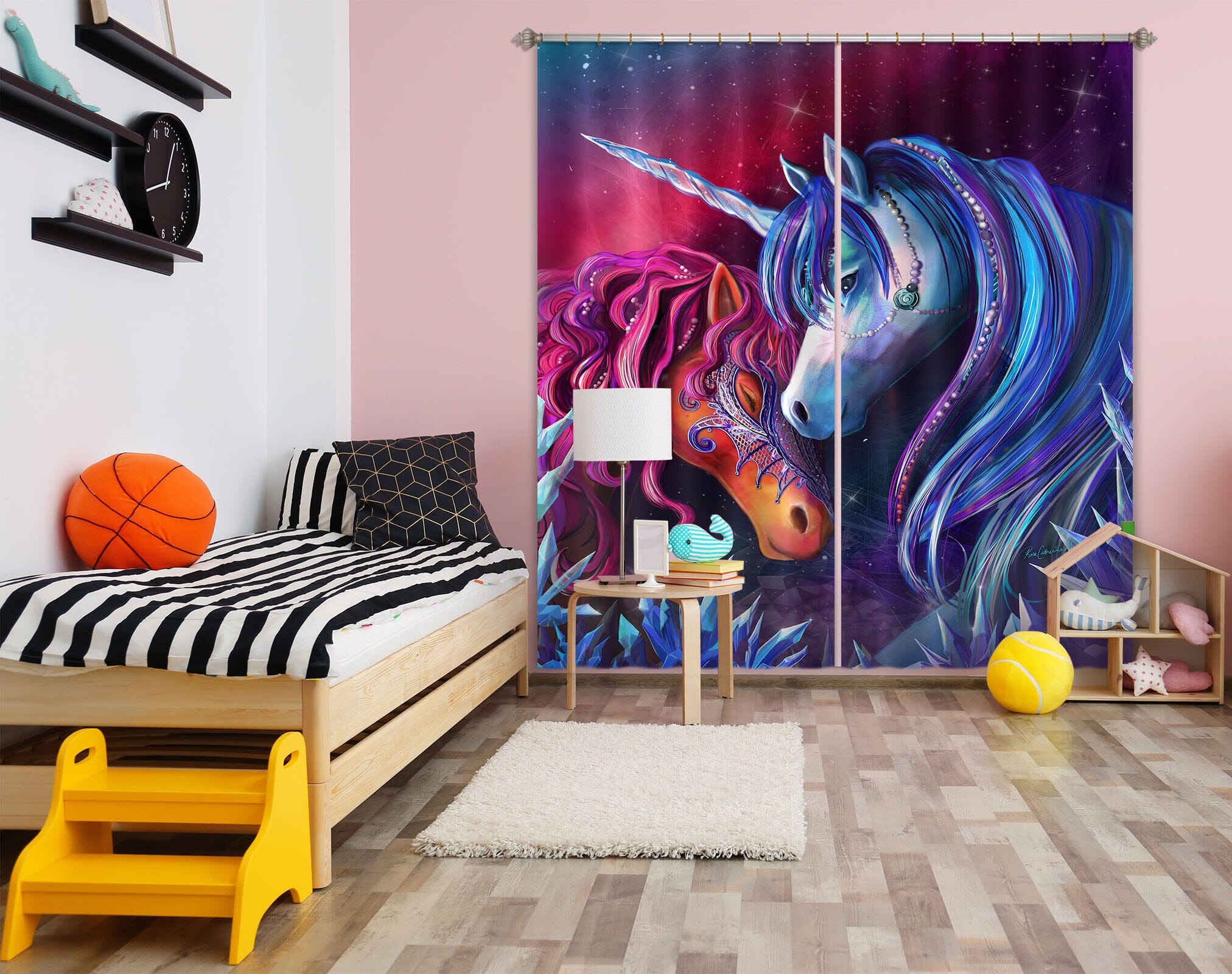 3D Unicorn Head 106 Rose Catherine Khan Curtain Curtains Drapes Curtains AJ Creativity Home