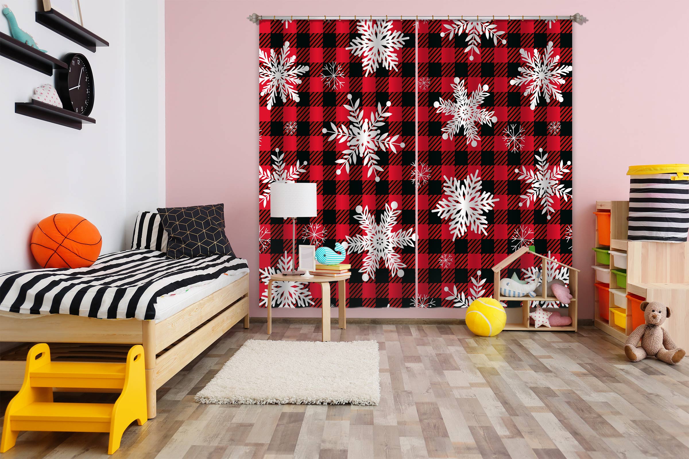 3D Snowflake Black Red Plaid 52085 Christmas Curtains Drapes Xmas