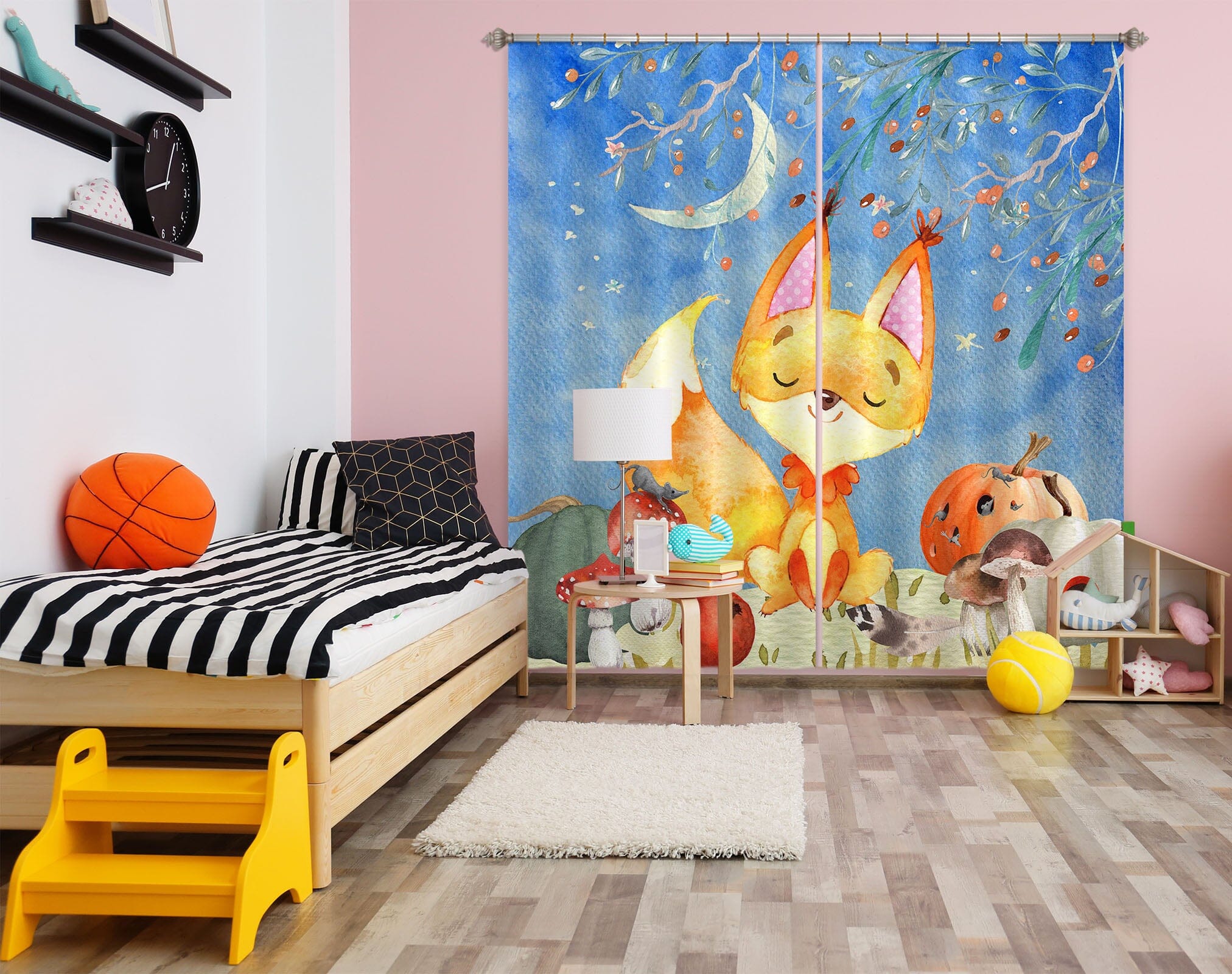 3D Moon Yellow Fox 163 Uta Naumann Curtain Curtains Drapes Curtains AJ Creativity Home