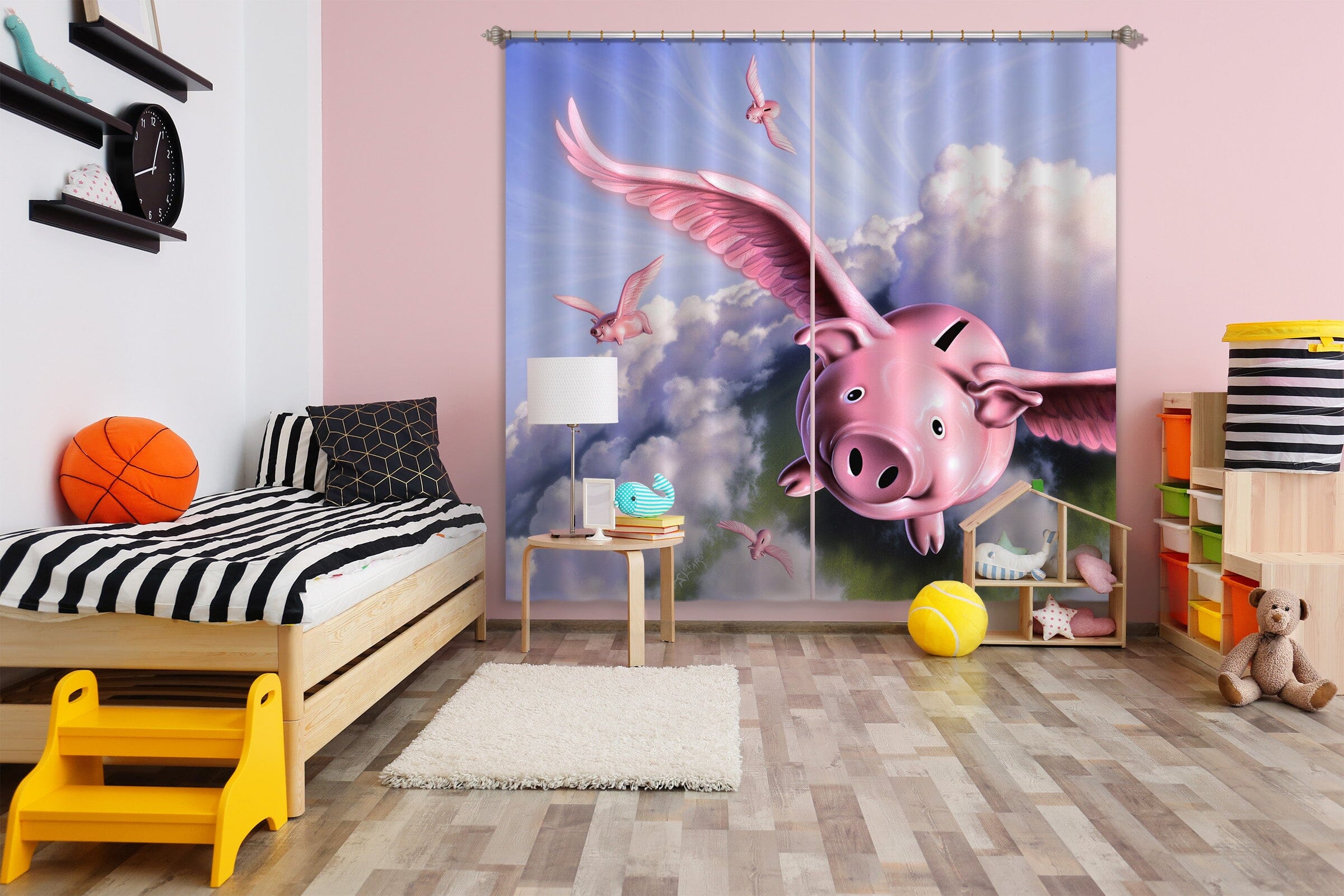 3D Flying Pig 072 Jerry LoFaro Curtain Curtains Drapes Curtains AJ Creativity Home