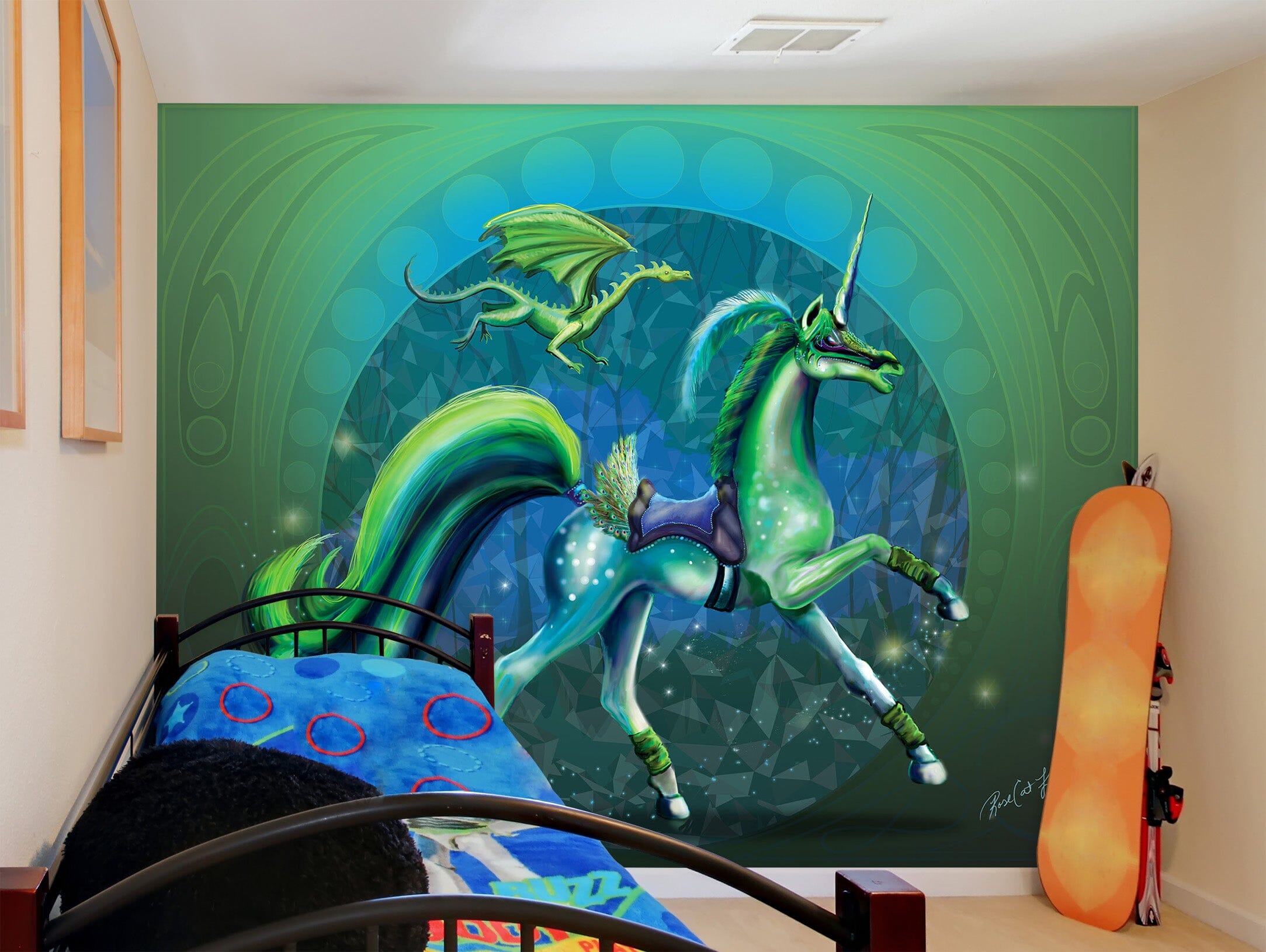 3D Green Unicorn 105 Rose Catherine Khan Wall Mural Wall Murals Wallpaper AJ Wallpaper 2