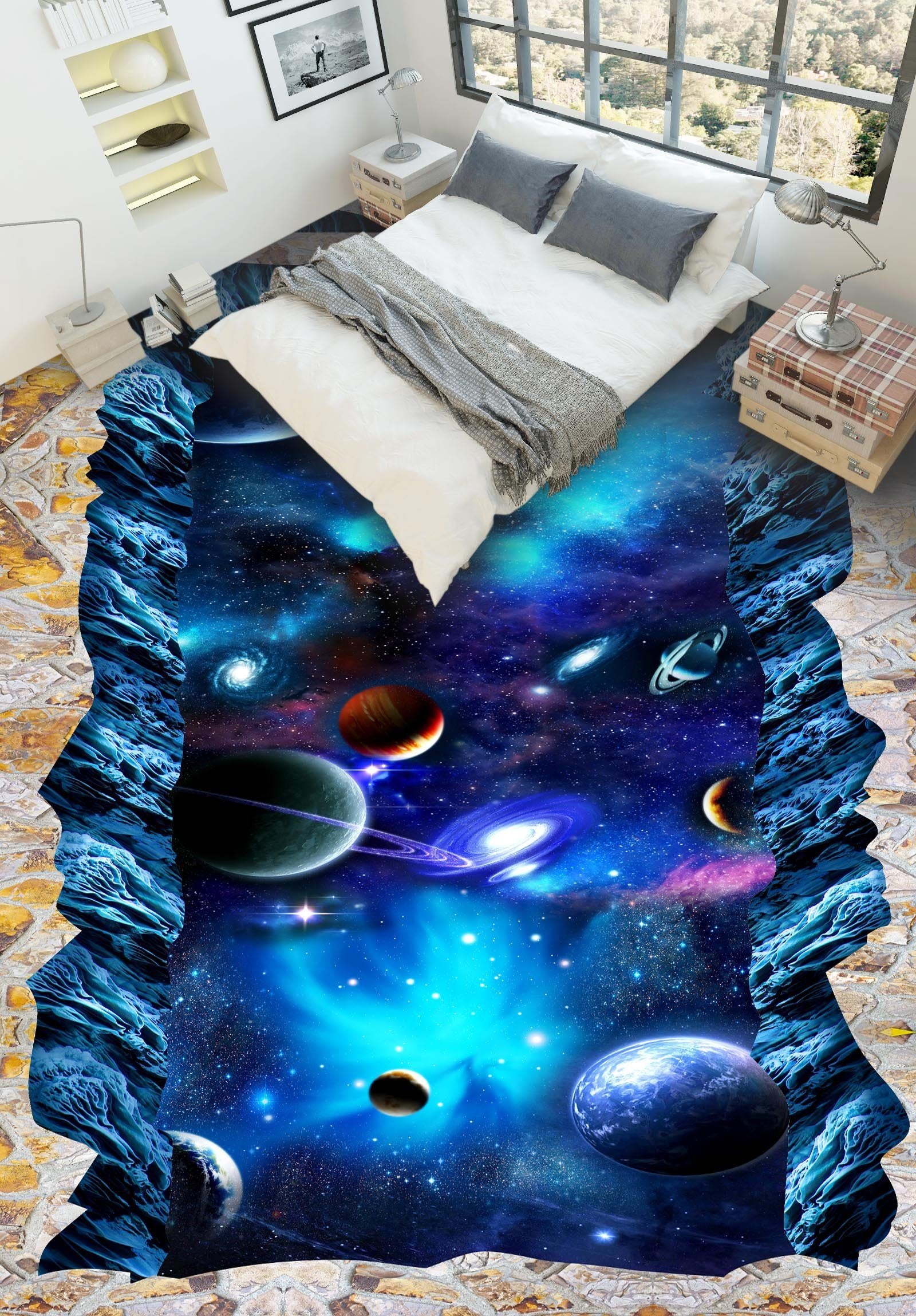 3D Bright Blue Space Floor Mural Wallpaper AJ Wallpaper 2