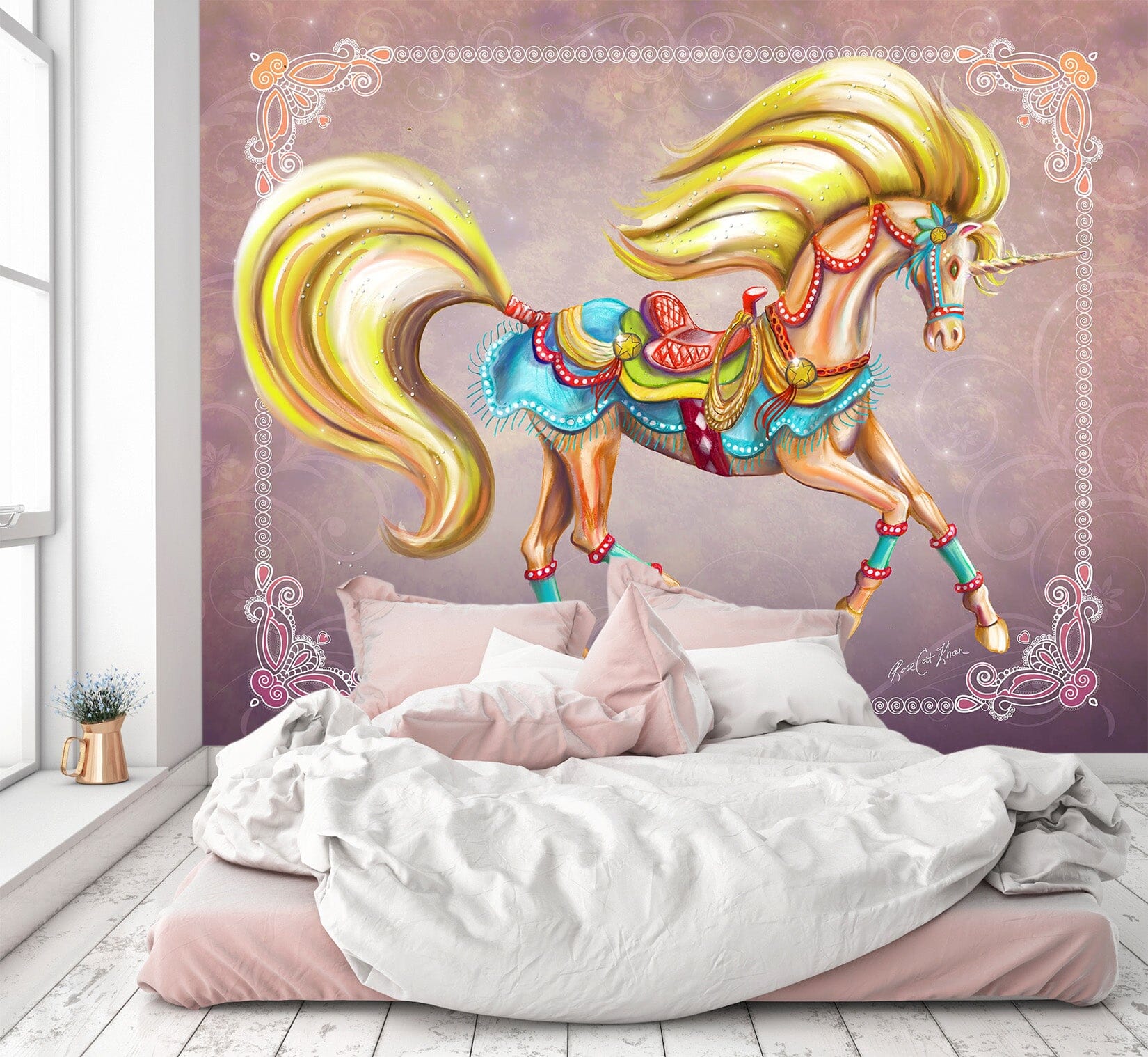 3D Golden Unicorn 106 Rose Catherine Khan Wall Mural Wall Murals Wallpaper AJ Wallpaper 2
