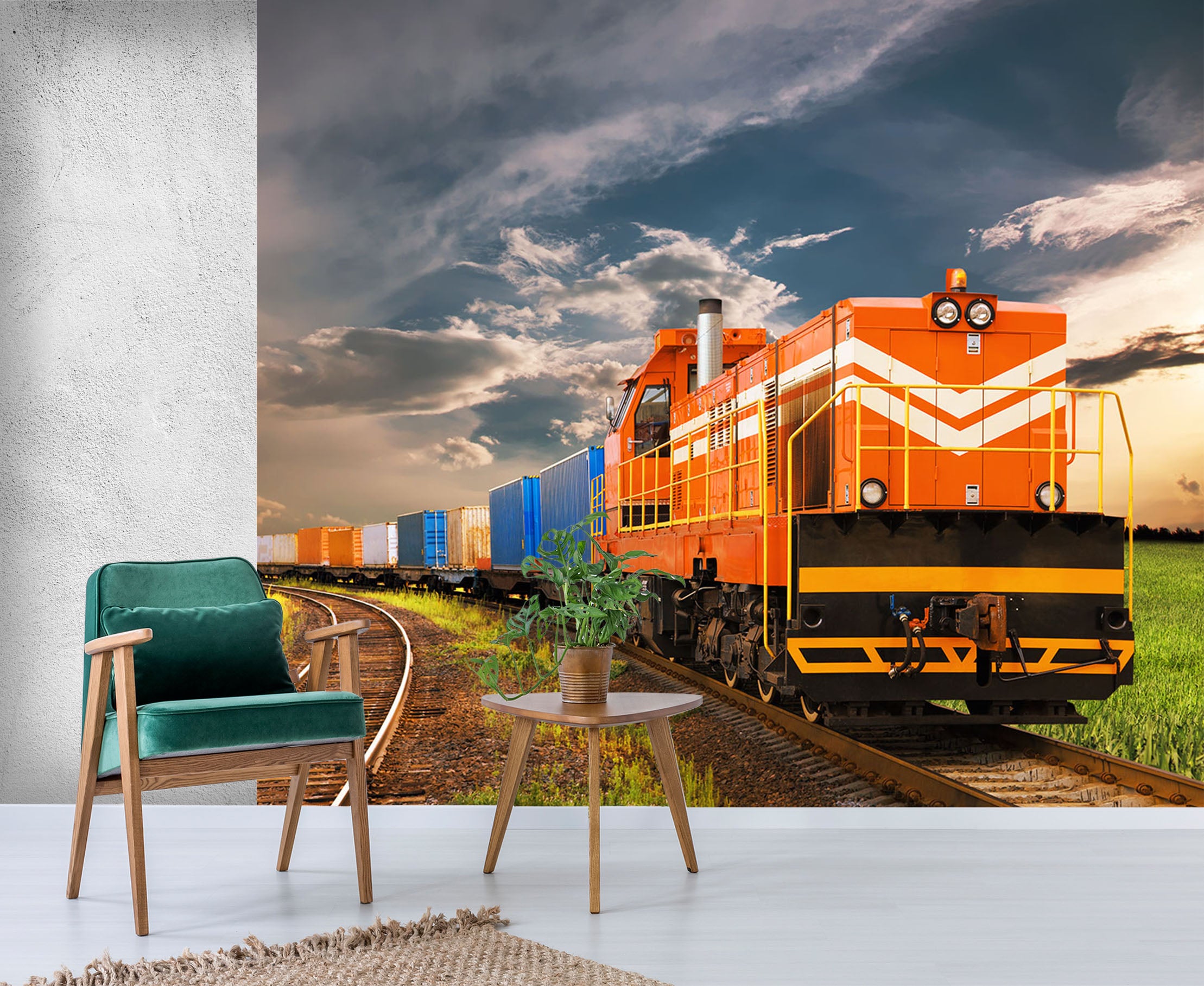 3D Orange Train 155 Vehicle Wall Murals